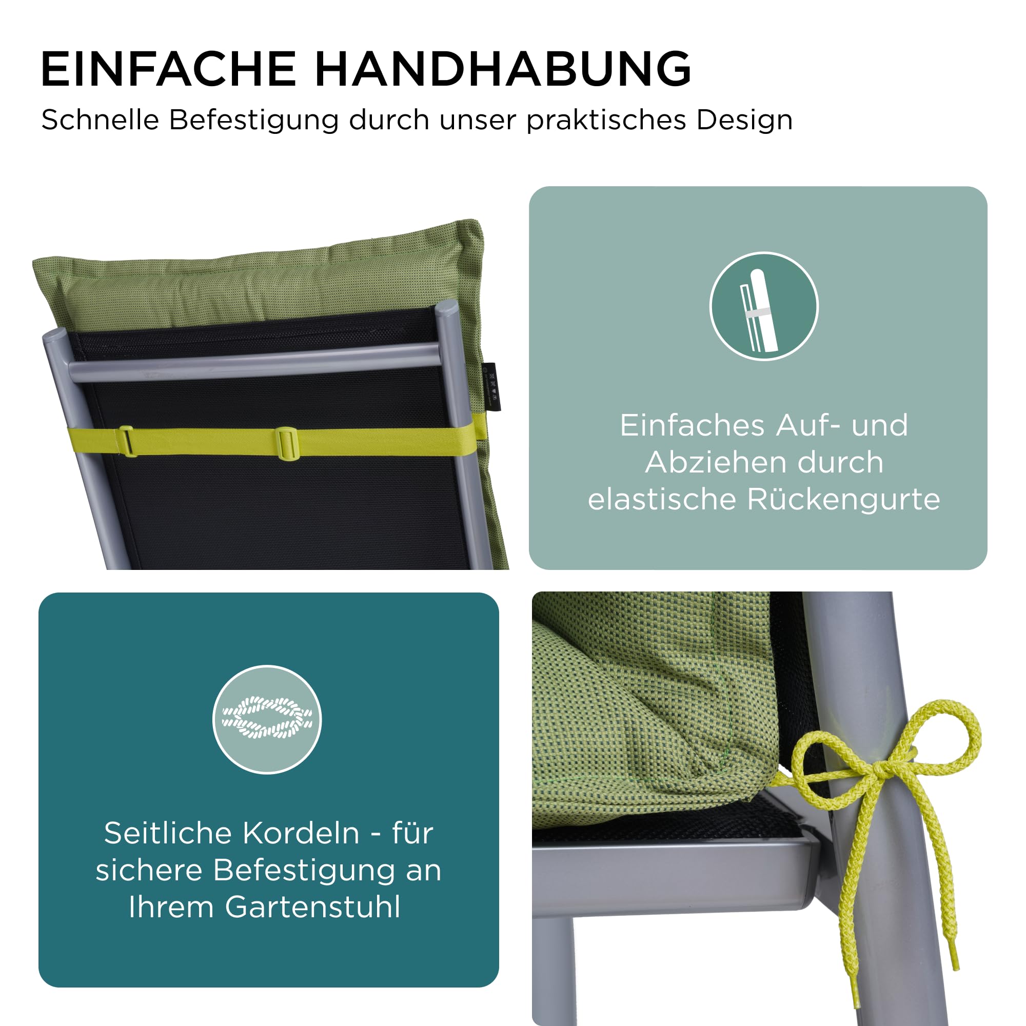 Gartenstuhlauflagen Niedriglehner, 4er Set, Grün | Extra Dicke Sitzauflagen, Made in EU, Stuhlauflagen für Niederlehner Gartenstuhl, Auflagen mit extra hoher Lichtechtheit