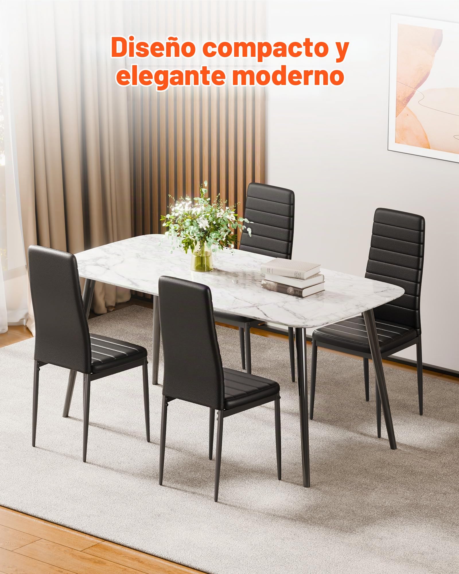 VEVOR Juego de 6 Sillas de Comedor de Estilo Moderno, Tapizadas en Cuero, para Mesa de Comedor, Ahorra Espacio, con Cojines Gruesos y Patas Metal, Acentos, Negro, 465 x 405 x 970 mm, Carga 136 kg