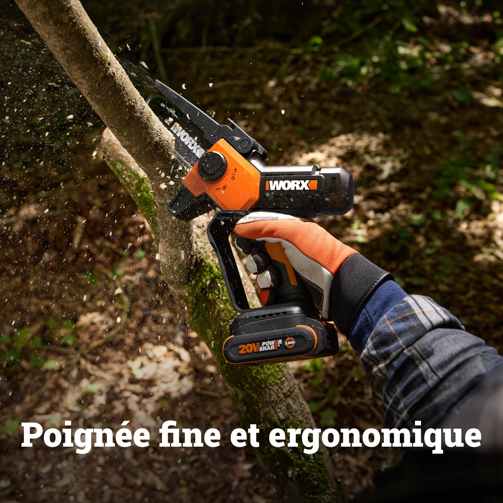 WORX Élagueuse Mini Tronçonneuse sans fil 20V WG326E.9, guide de 12 cm, moteur puissant, compacte et ergonomique, pour élagage, taille, ébranchage, tronçonnage, livrée sans batterie ni chargeur