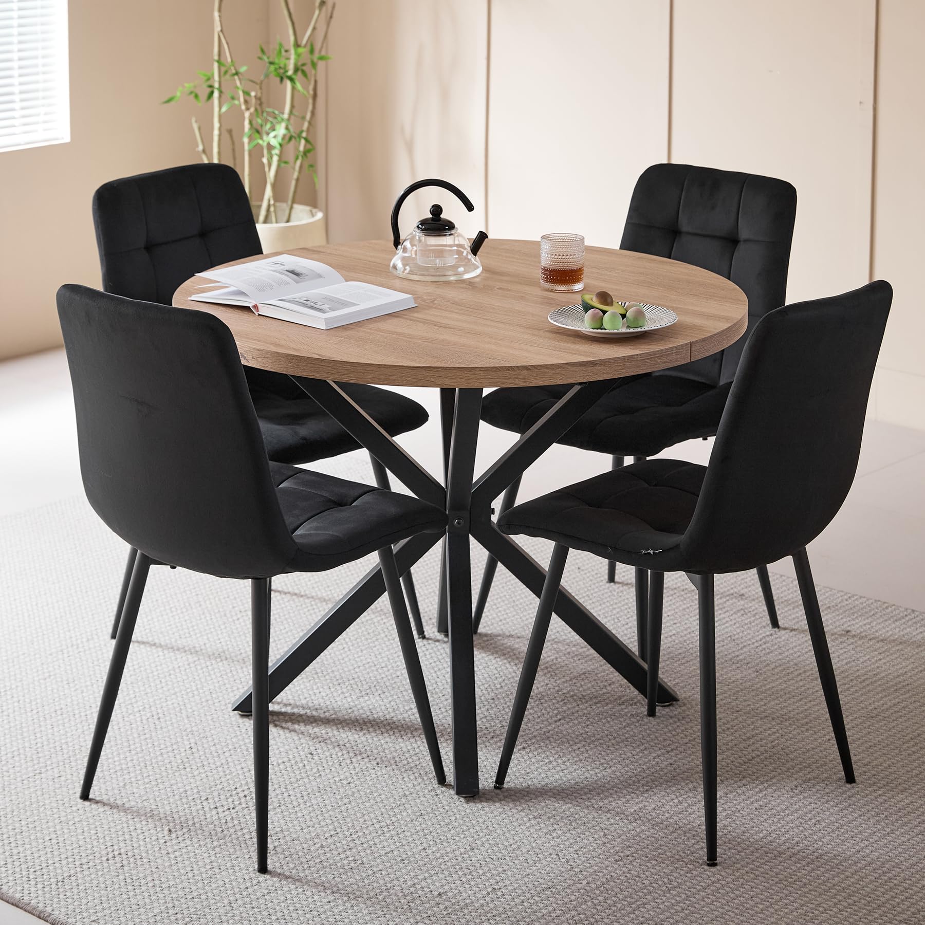 DEYARNA HOME Essgruppe 5-Teilig, 100cm Runder Esstisch und 4 Kunstleder Esszimmerstühle, Tisch und 4 Stühle für Küche, Wohnzimmer, Balkon, Restaurant, Büro