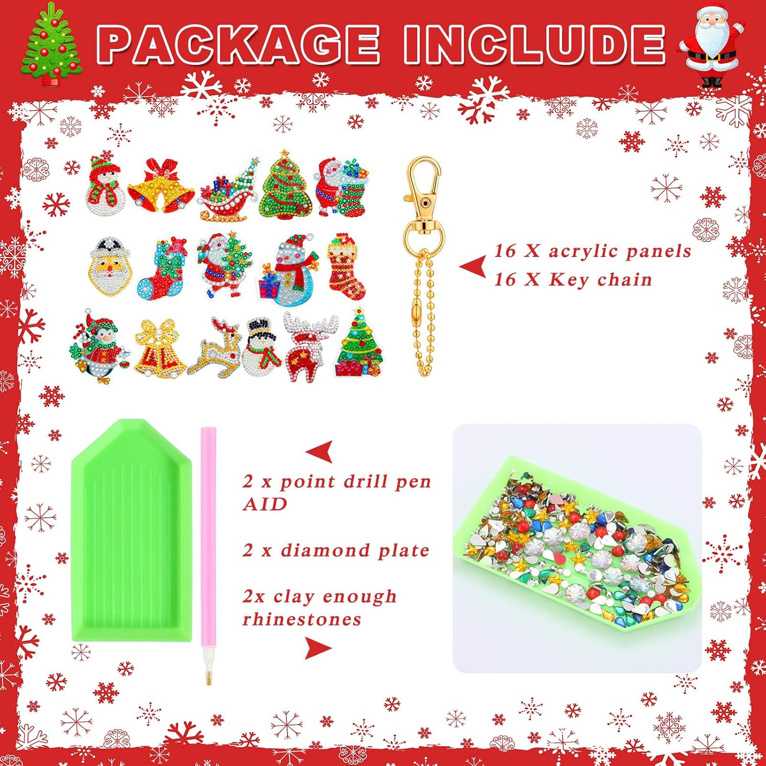 WILLBOND 16 Pieces Christmas Diamond Key Chain Kits Double Sided Diamond Art Keychain Bulk Diamond Christmas Ornament 5D Diamond DIY Painting Key Ring Pendant Christmas Tree for DIY Christmas Decor - Image 7