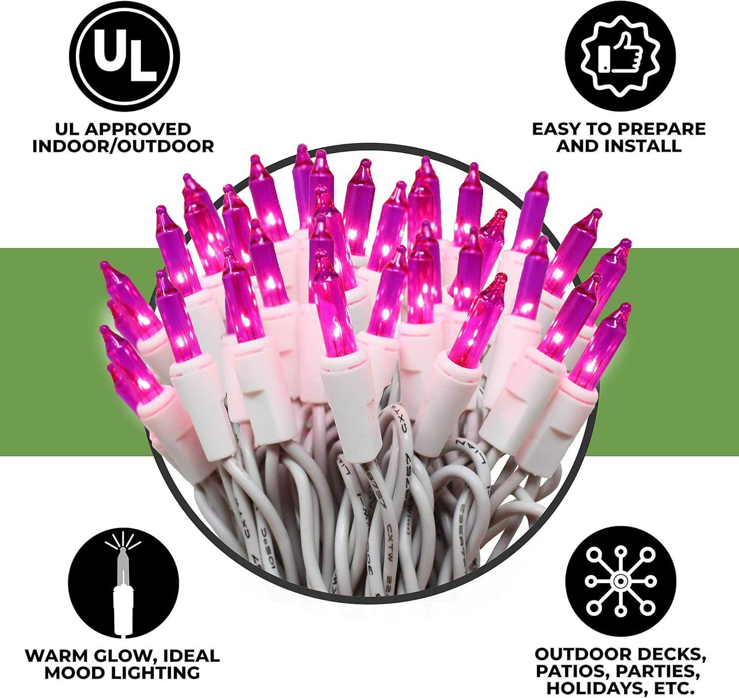 612 Vermont 100 Pink Christmas Lights on a White Wire String, UL Approved, Indoor/Outdoor Use, 18’ of Lighted Length, 20’ of Total Length - Image 4