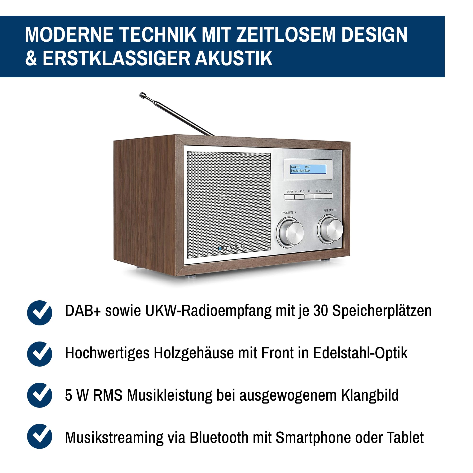 Blaupunkt Nostalgieradio RXD 180 DAB+ mit AUX IN und Bluetooth, UKW PLL Radio mit RDS, 5 Watt RMS, LC-Farbdisplay, Küchenradio mit einfacher Bedienung, mit Kopfhöreranschluss, Drehregler, Walnuss