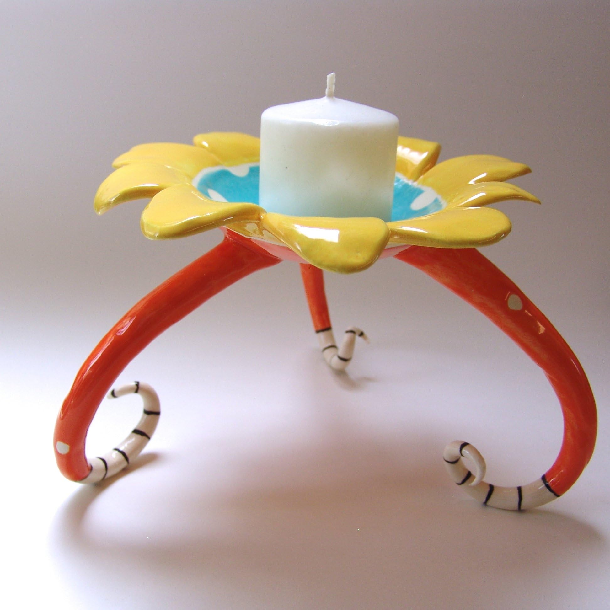 whimsical pottery Candleholder, Soap Dish retro orange, yellow & turquoise