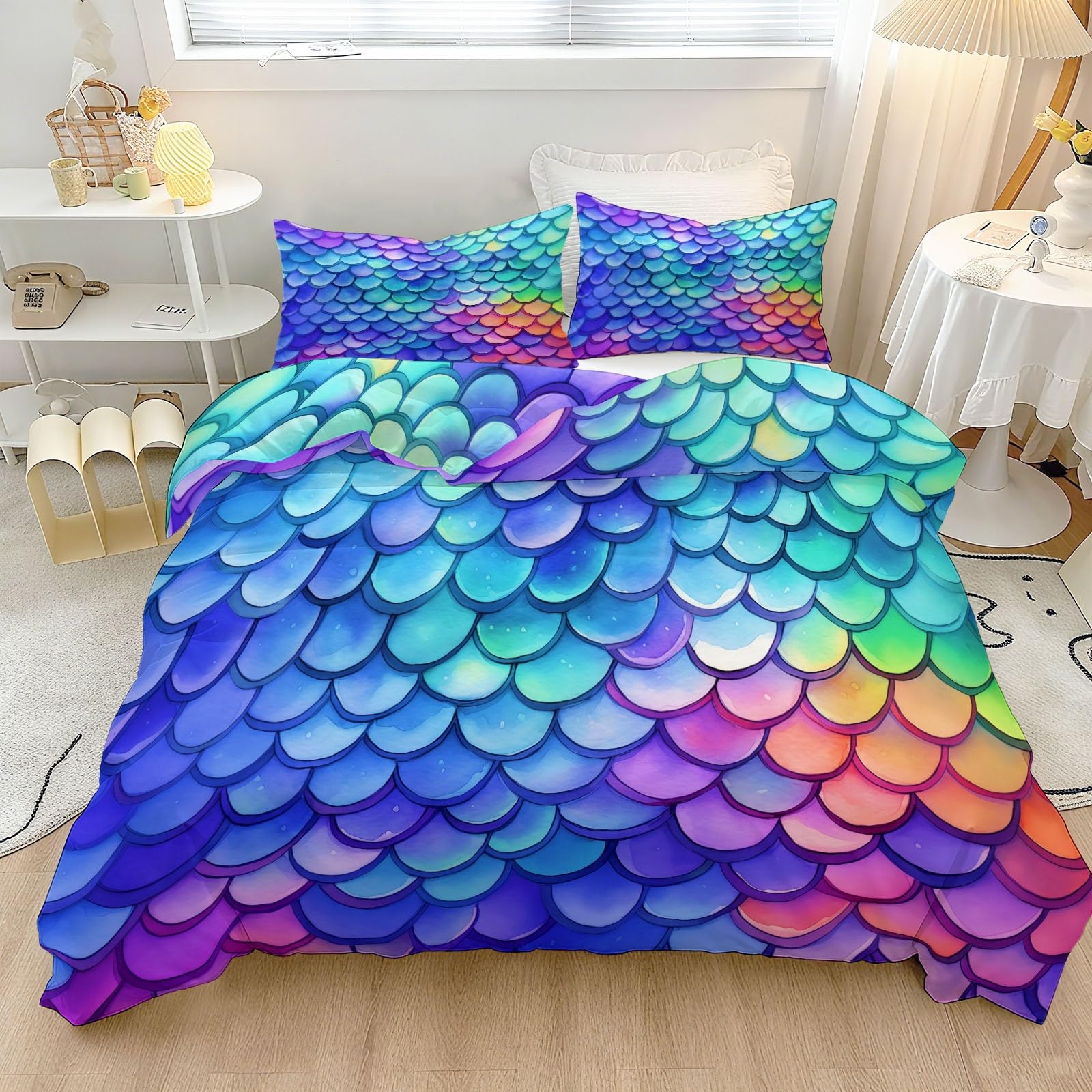 Housse de Couette 240 x 260 cm Multicolore en Microfibre avec Parure de Lit Écailles