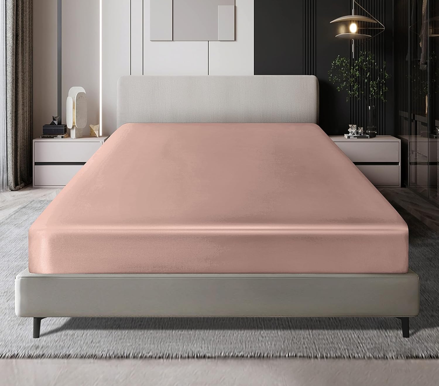 MILVOWOC King Satin Fitted Sheet, Rose Gold Fitted Sheet