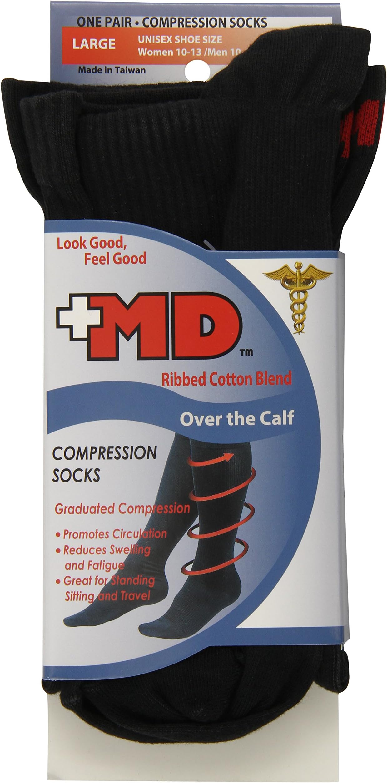Ribbed Cotton Blend Compression Socks, Over the Calf, Black, Large