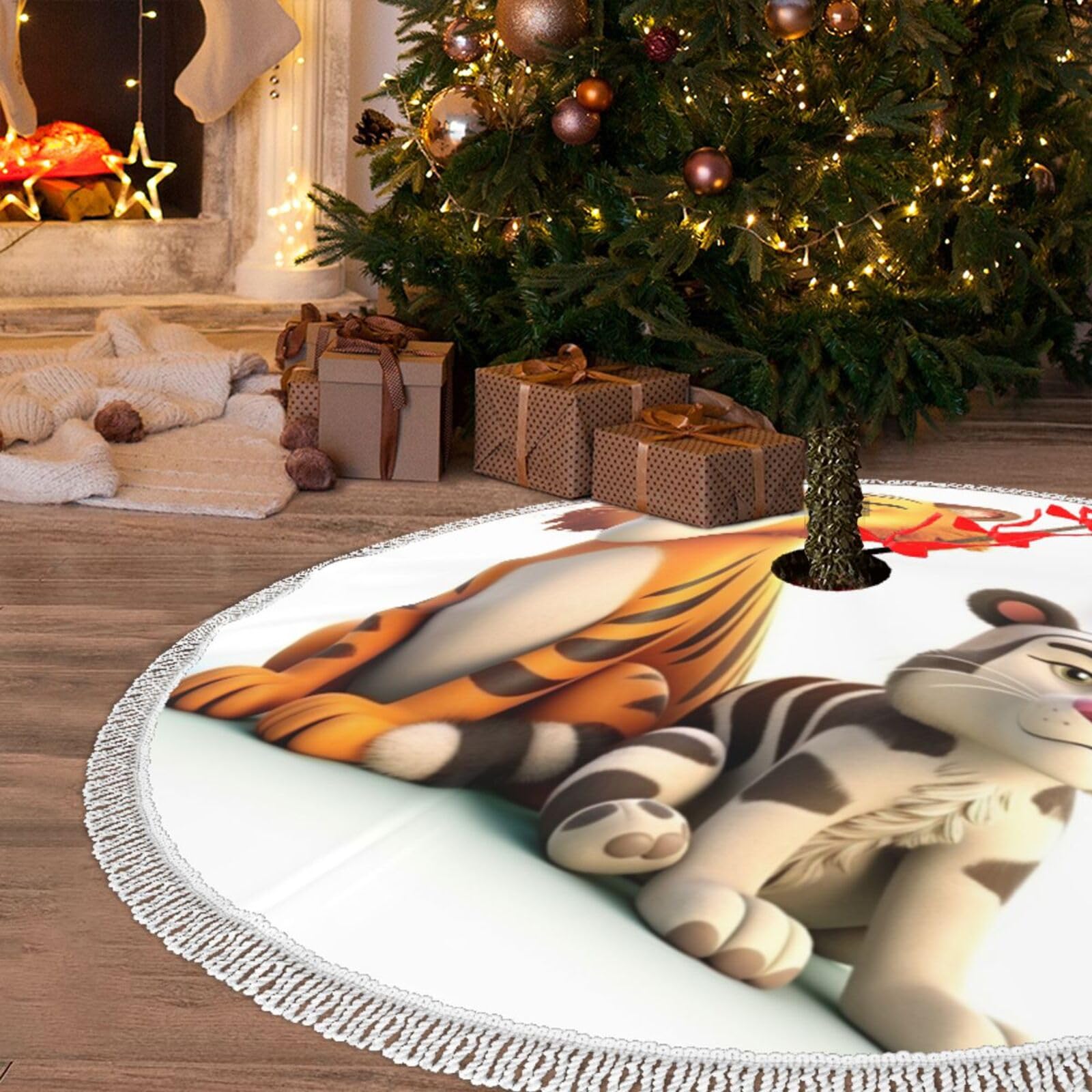 Jupe de sapin de Noël en peluche de 122 cm avec des pompons élégants