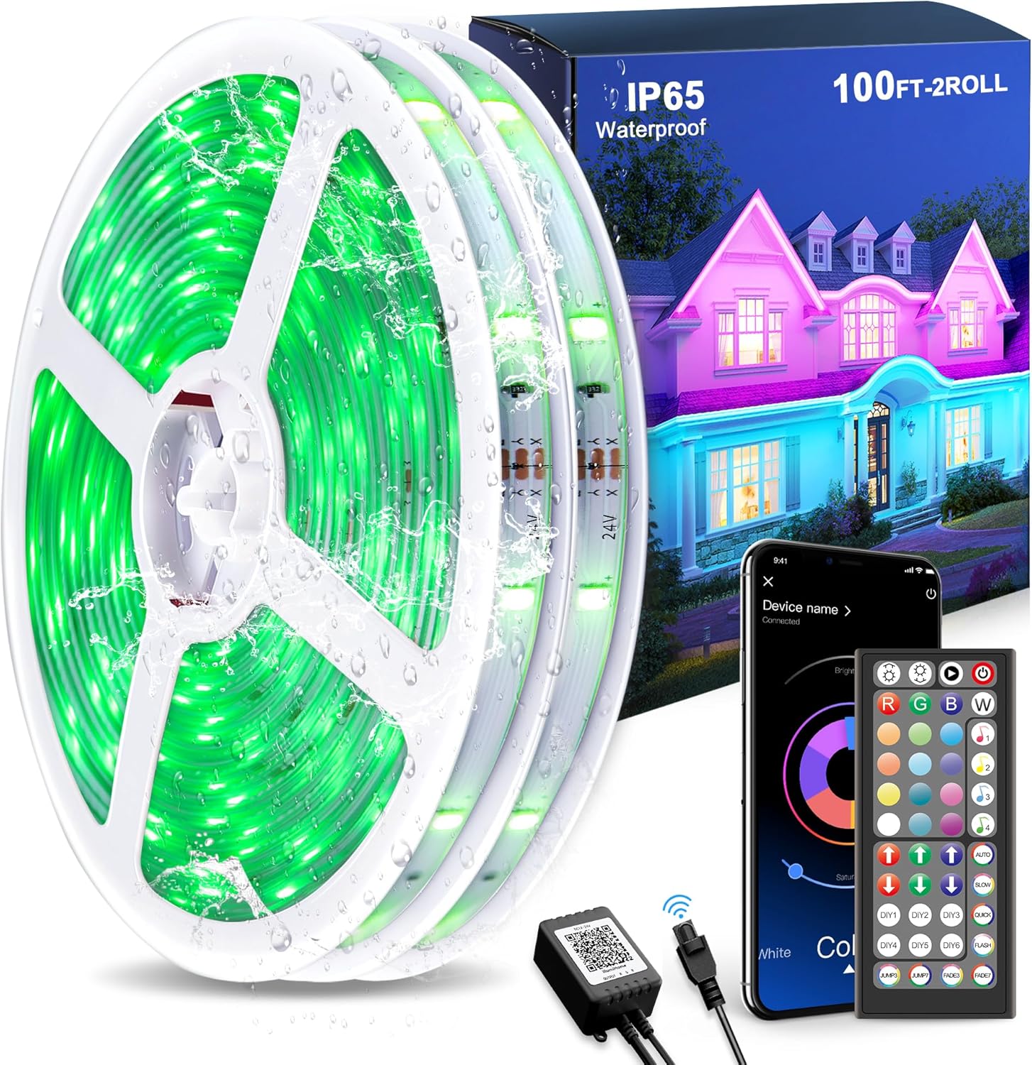 100FT Outdoor LED Strip Lights Waterproof (2 Rolls of 50ft) IP65 Led Strip Lights with Remote, RGB Color Changing Christmas Rope Lights for Outside