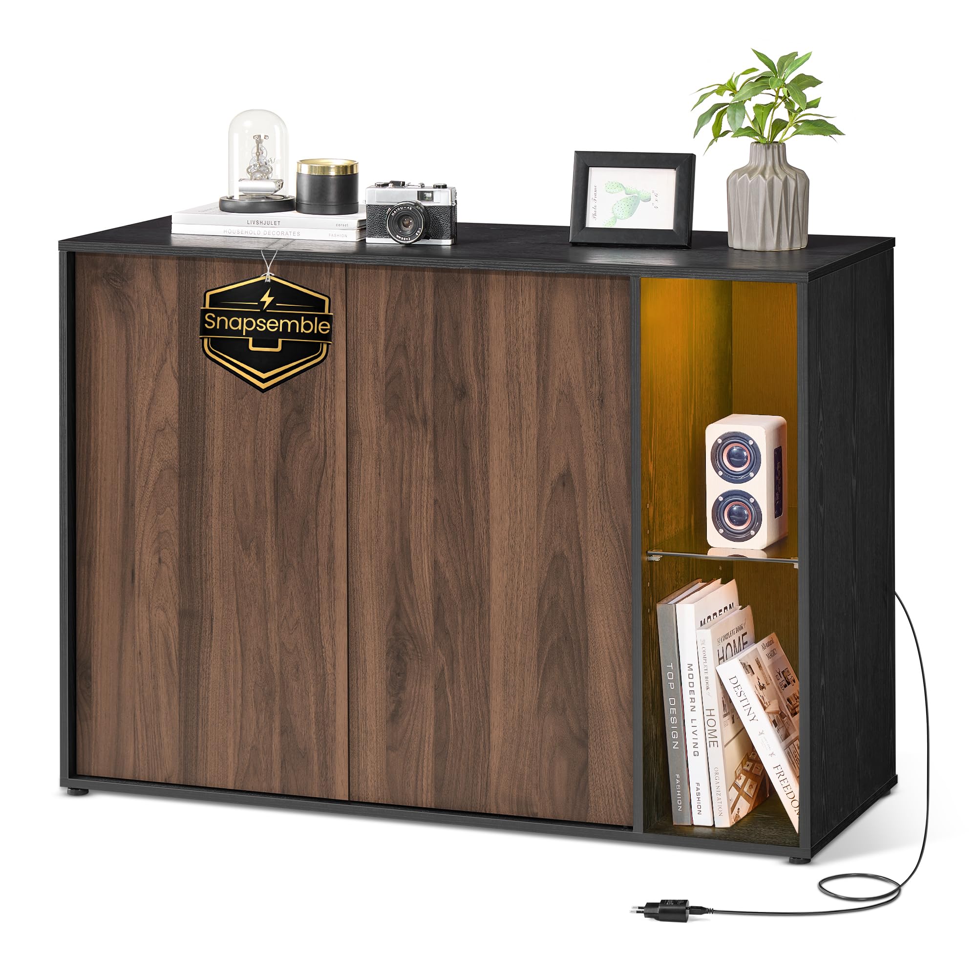SONGMICS Home Aparador, Montaje Súper Rápido Sin Herramientas Toolless, Mueble de TV con Iluminación y Estante de Cristal, Aparador, Nogal Natural y Negro Ébano BBK372B01
