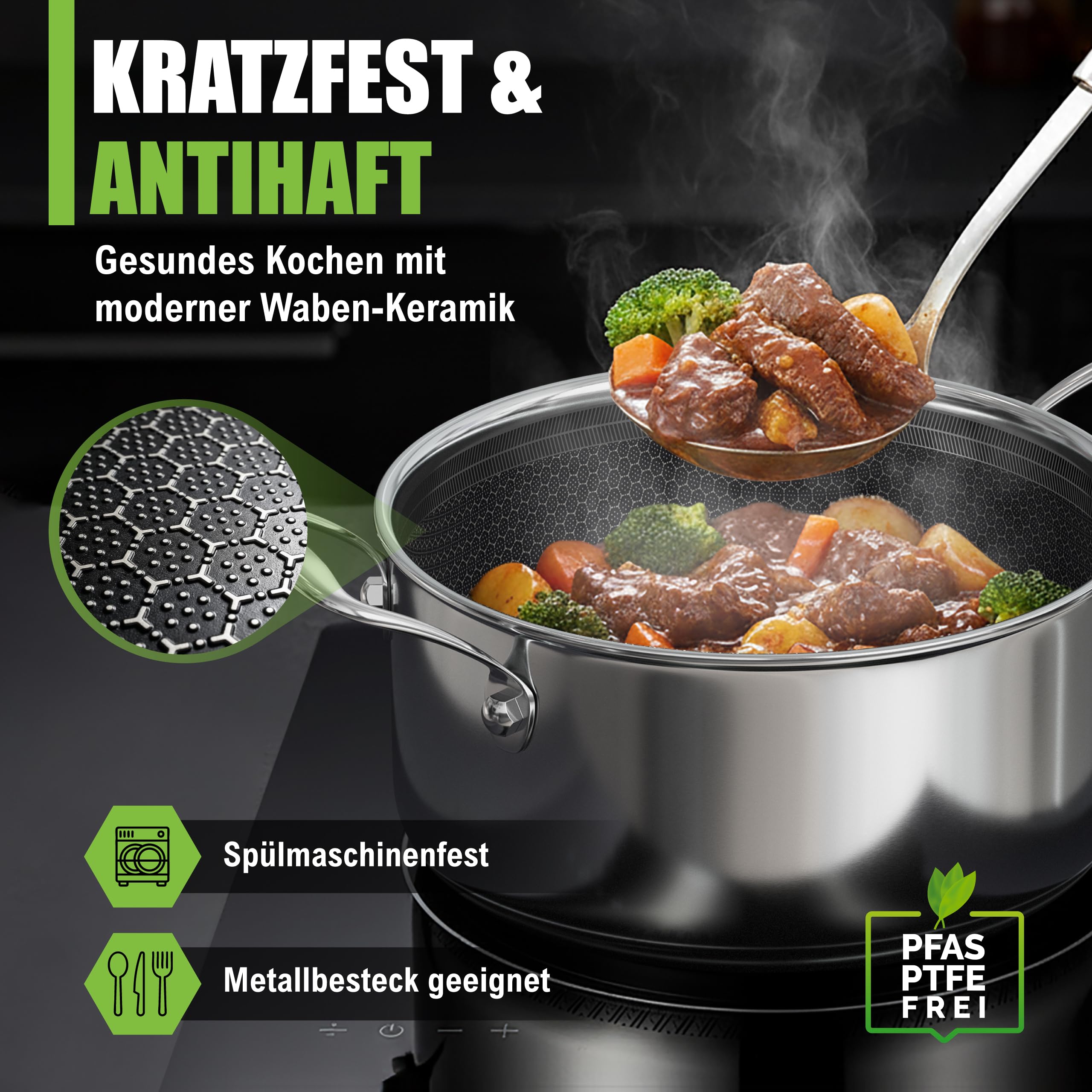 Schmortopf kratzfeste Antihaft-Waben-Keramikbeschichtung - 4,7 Liter, Ø 24×12 cm, 2,3 kg - modernen flachen Glasdeckel energiesparender 5-Schicht-Kochtopf - induktionsgeeignet