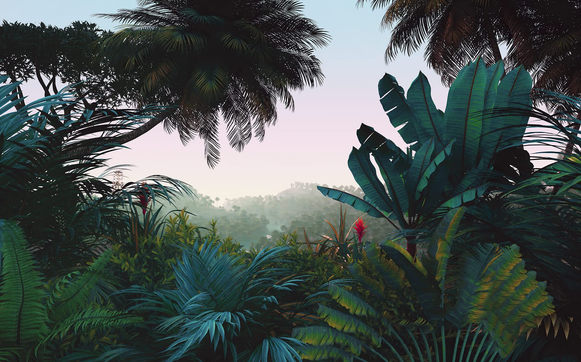 Komar Vlies Fototapete - Jungle Morning - Größe: 400 x 250 cm (Breite x Höhe) - Tapete, Design, Wohnzimmer, Wanddekoration, Schlafzimmer, Palmen, Baum, floral, Landschaft - LJX8-060