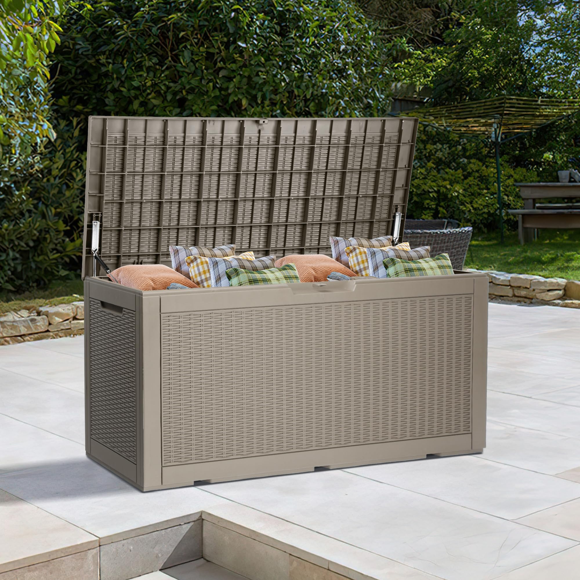 YITAHOME Scatole da giardino in resina resistenti, 380 l, impermeabili, resistenti alle intemperie, robuste, con serratura, 121 x 54 x 61 cm (marrone chiaro)
