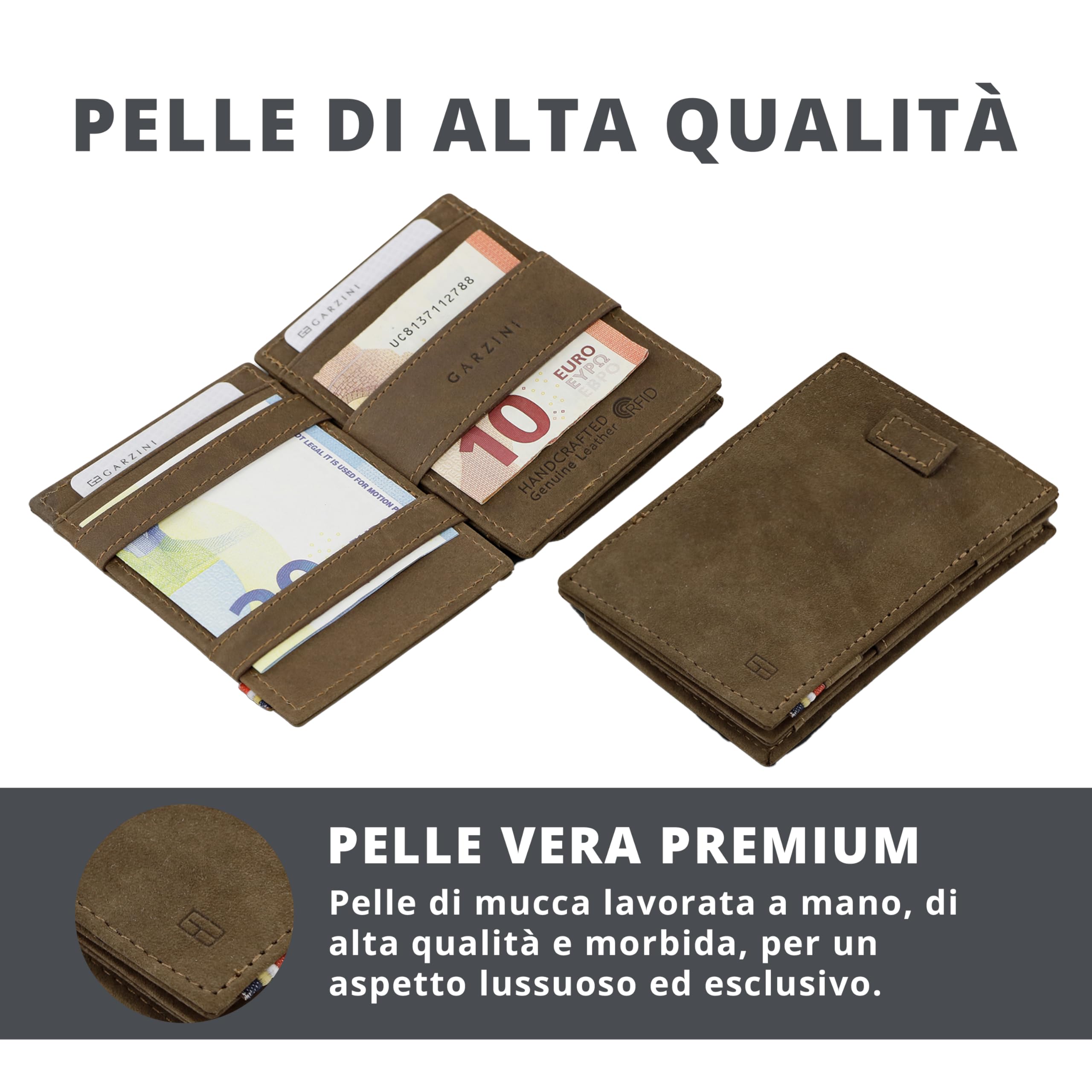 GARZINI Portafoglio Magico - in vera pelle, sottile e minimalista Magic Wallet da uomo con sistema di blocco RFID, custodia per le carte, linguetta di estrazione e portamonete