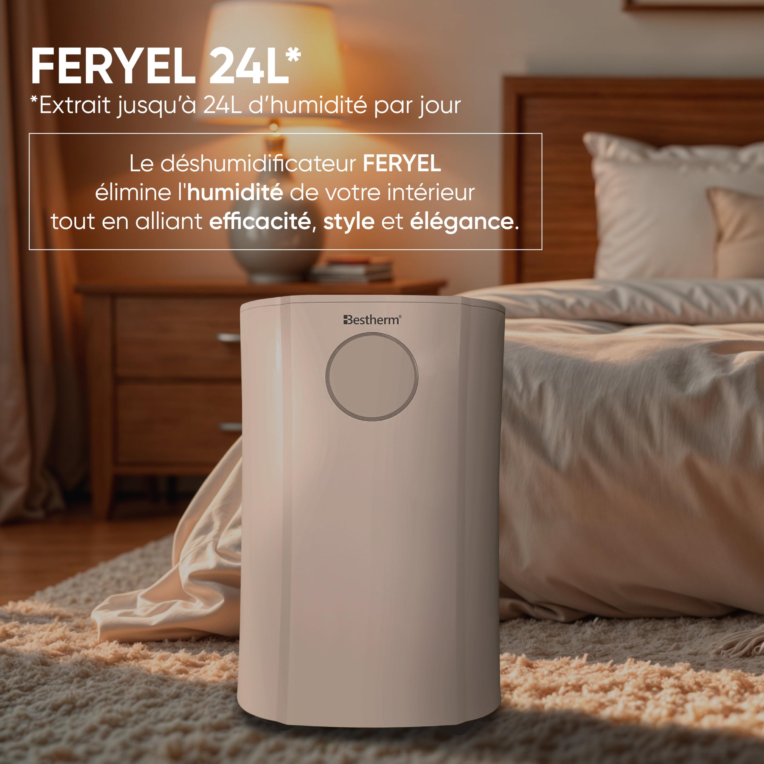 BESTHERM - Deumidificatore d'aria BESTHERM - Feryel 24L/giorno, serbatoio rimovibile, filtro a carbone attivo, ionizzatore integrato