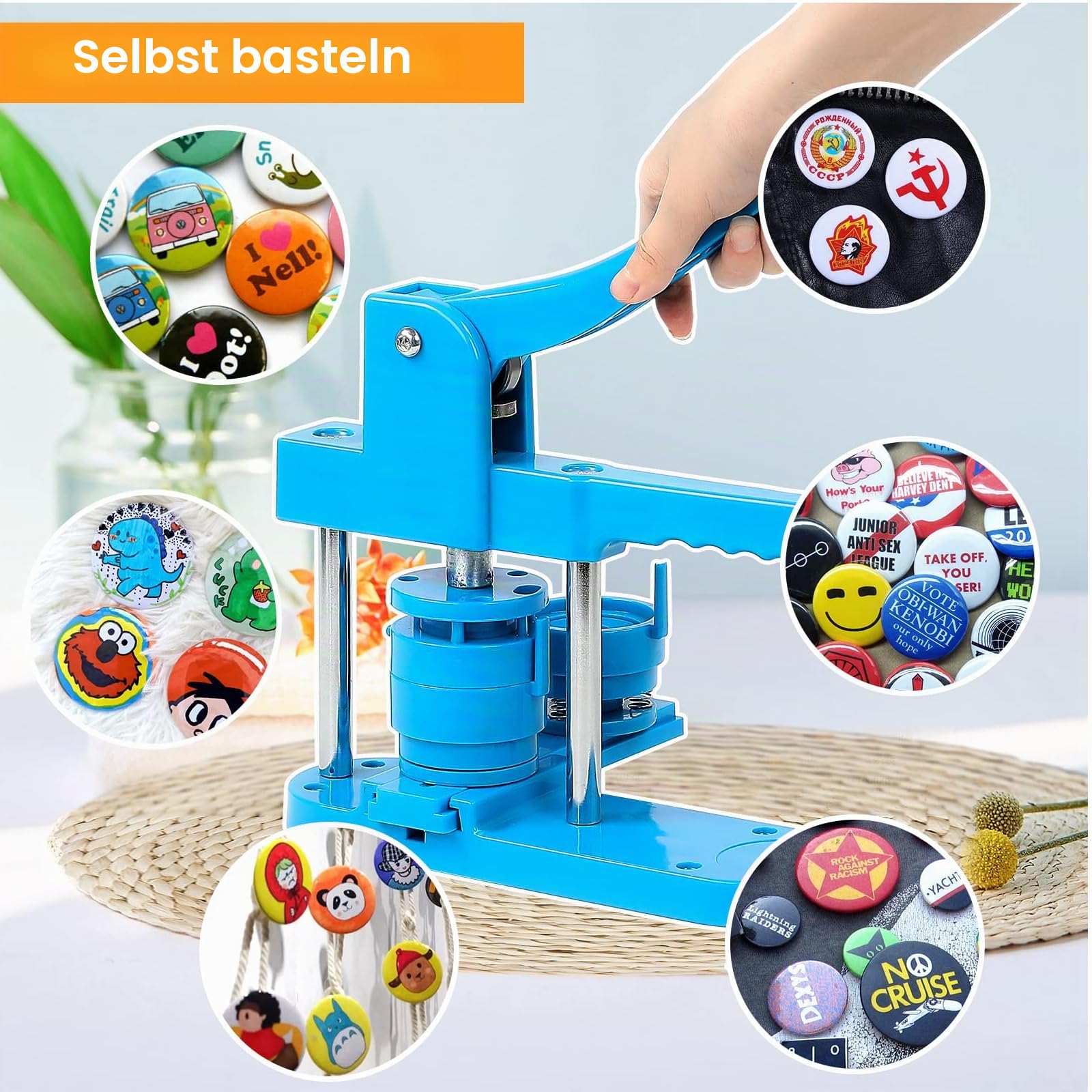25/32/58mm Buttonmaschine Knopfmachermaschine, 3 in 1 Button Badge Press Maschine Mehrere Größen, inkl. 300 Zubehör & Kreisschneider, Kinder DIY Gift Pin Maker (Blau)