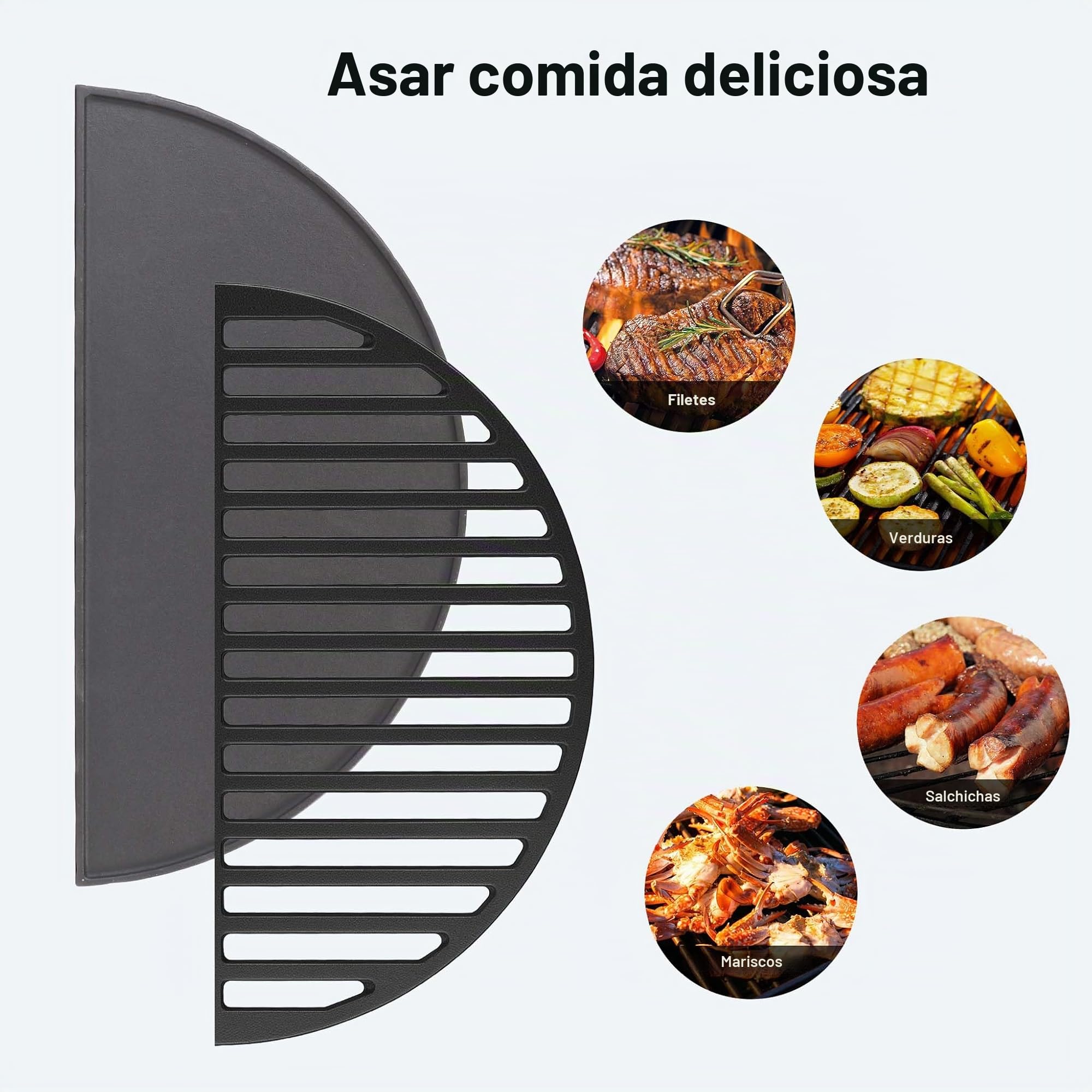 Wiltec Set 1x parrilla y 1x plancha semicirculares de hierro fundido 55 x 26,5 x 0,9 cm para barbacoa, barbecue, BBQ, para carnes, pescados y verduras, fácil de limpiar