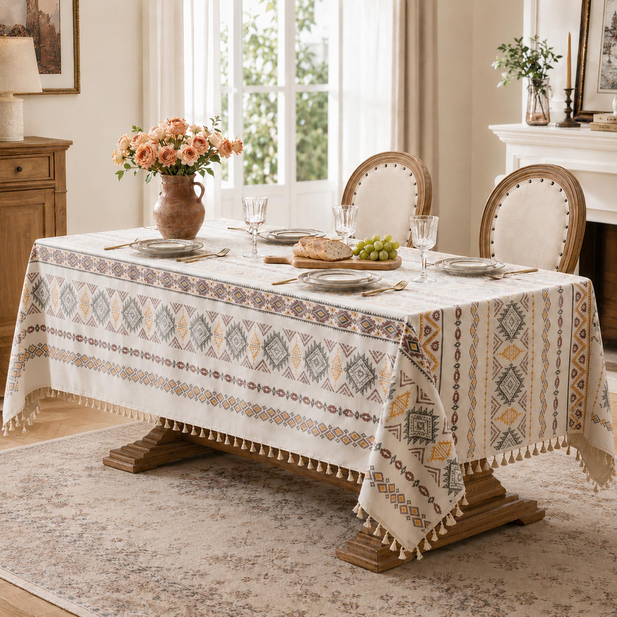 Mantel De Mesa Boho Rectangular con Diseño Geométrico Y Flecos