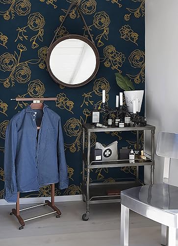 Miniatura 6 de Safiyya Papel tapiz de despegar y pegar de 393" x 17.3" pulgadas, papel de contacto dorado y azul, papel tapiz floral autoadhesivo removible para