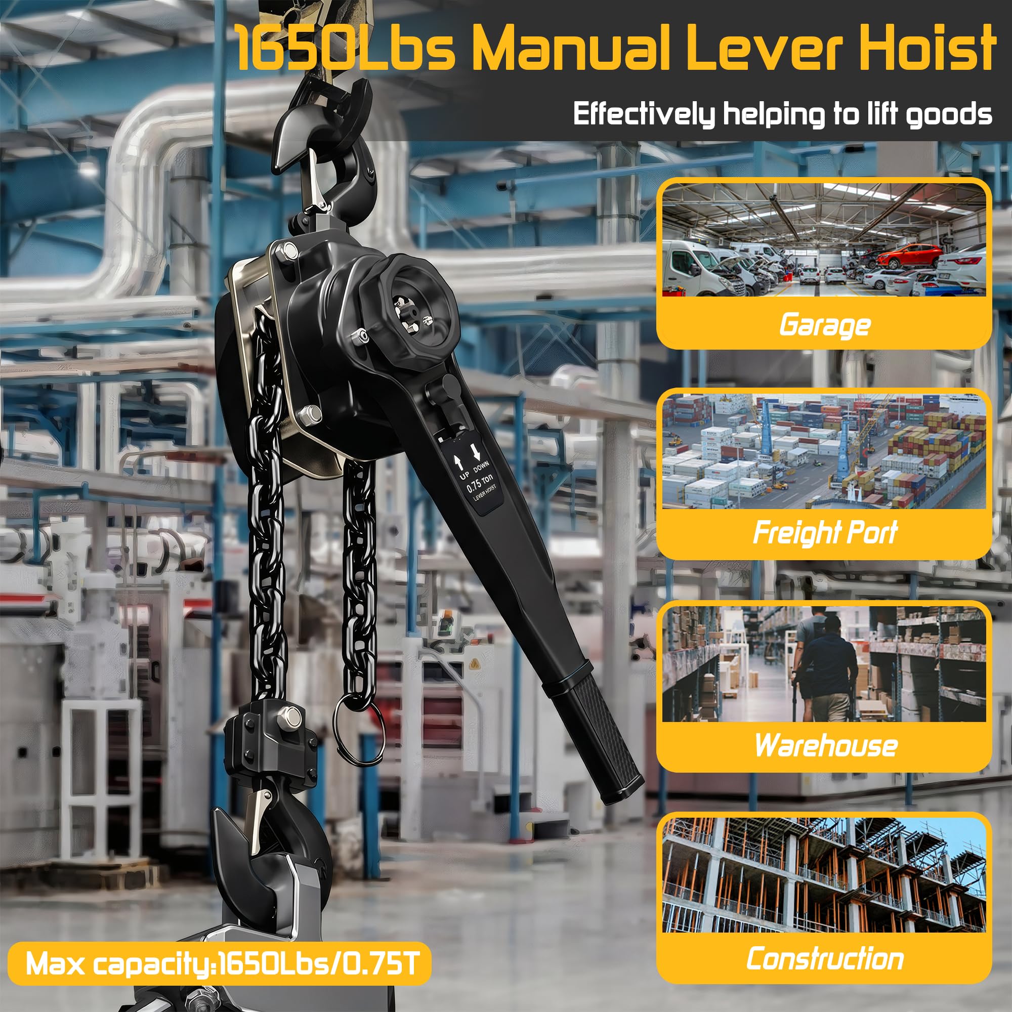Hebel-Kettenzug, 1000 kg, 3 m, manuelle Ratsche, Kettenabzieher für Gebäude, Garagen, Lager, Automaschinen (750 kg - 3 m)