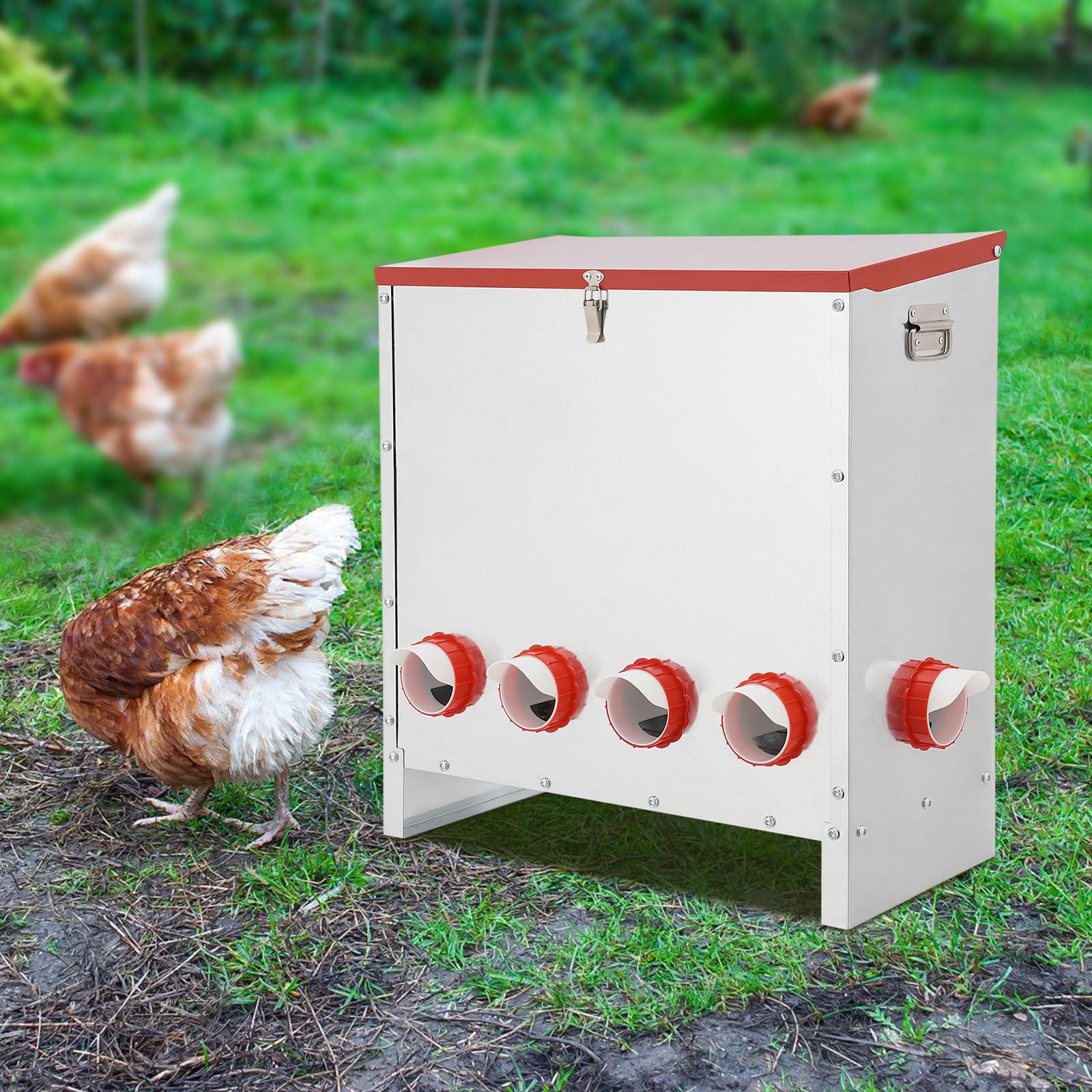 Comedero automático para pollos con 10 agujeros, gran capacidad de 30 kg para una cría eficiente de pollos, metal galvanizado resistente a la intemperie para gallineros y granjas, comedero para