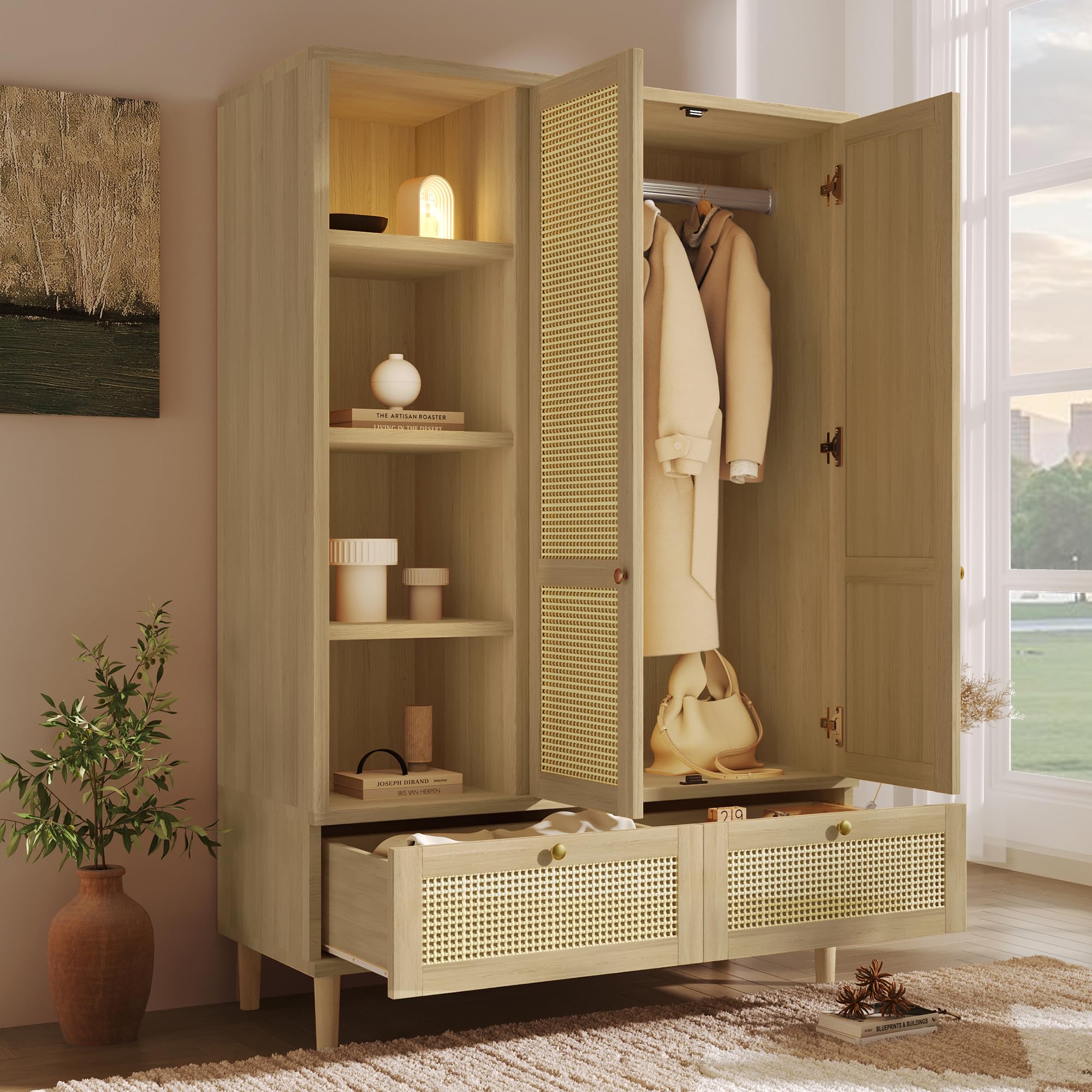 Kleiderschrank mit 2 Türen und Rattan-Geflecht im Landhausstil Eichenoptik, offenes Einlegeboden, Einlegeböden, Kleiderbügel, 2 Schubladen, Kippsicherung (180x120x50cm)