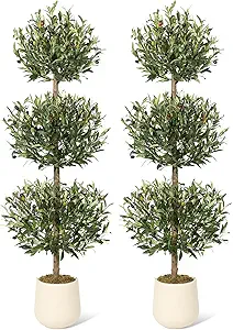 5FT Artificial Olive Triple Ball Topiary Trees with Moss & Inner Pot, Outdoor Indoor Realistic Fake Shrubs Trees, Faux Plants Round Bushes Fake Shrubs Potted for Home Offices Porch Decor Set of 2