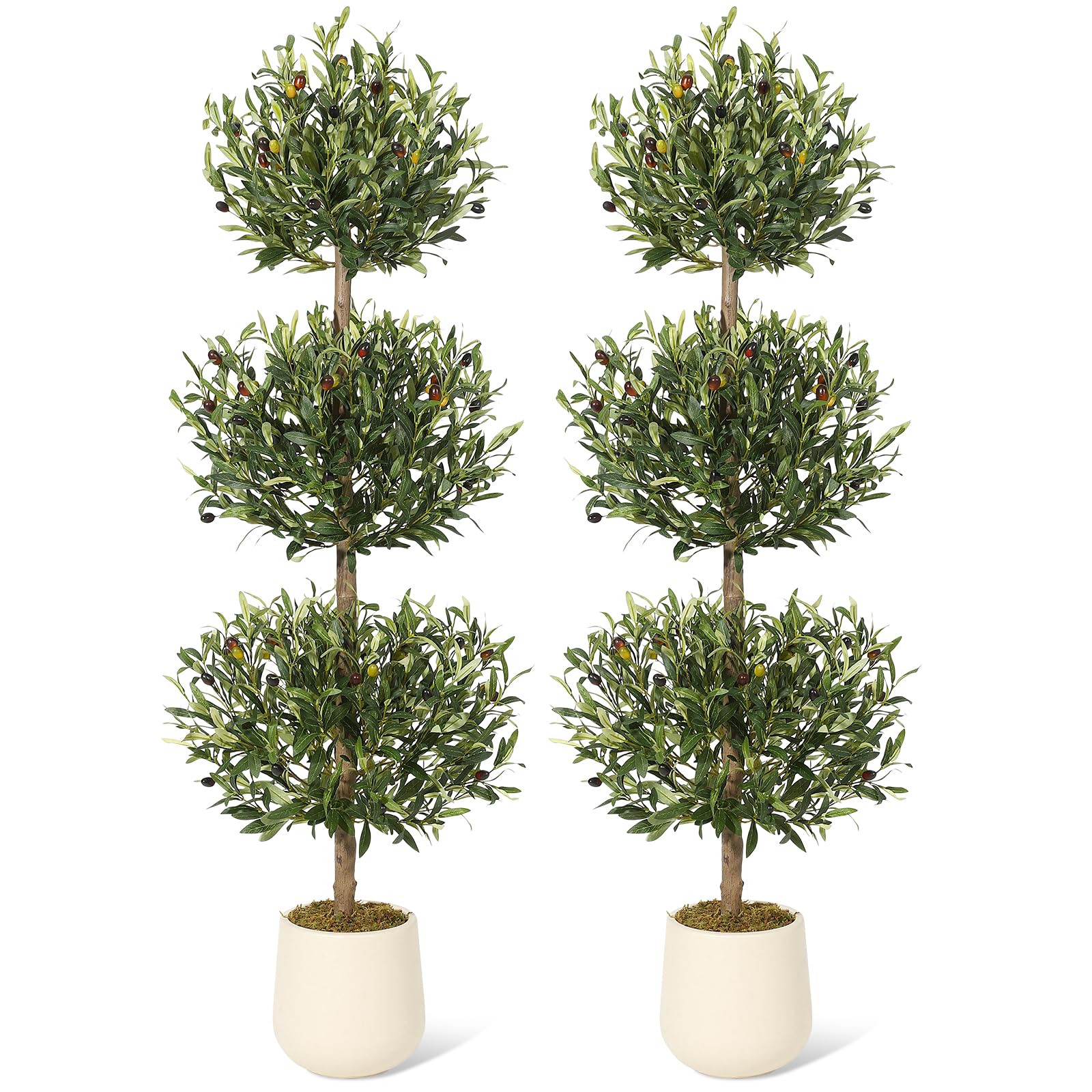 5 ft Artificial Olive Tree Triple Ball Topiary Faux Plant with Moss Pot Outdoor Indoor Realistic Fake Shrubs