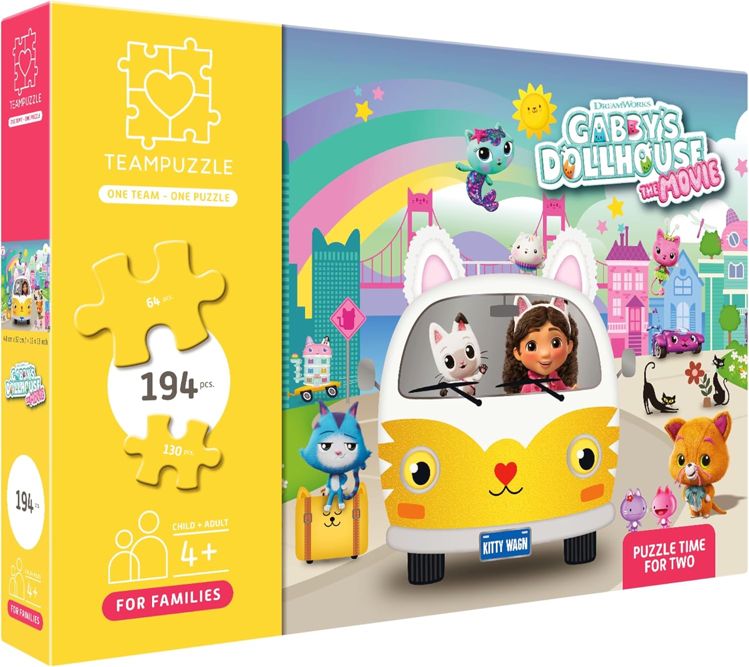 TEAMPUZZLE: DreamWorks Gabby’s Dollhouse - 194pc Puzzle, 2 Difficulty Level Sections, 19x13 City & Character Van Scene, Search & Find, Family-Kids 4+
