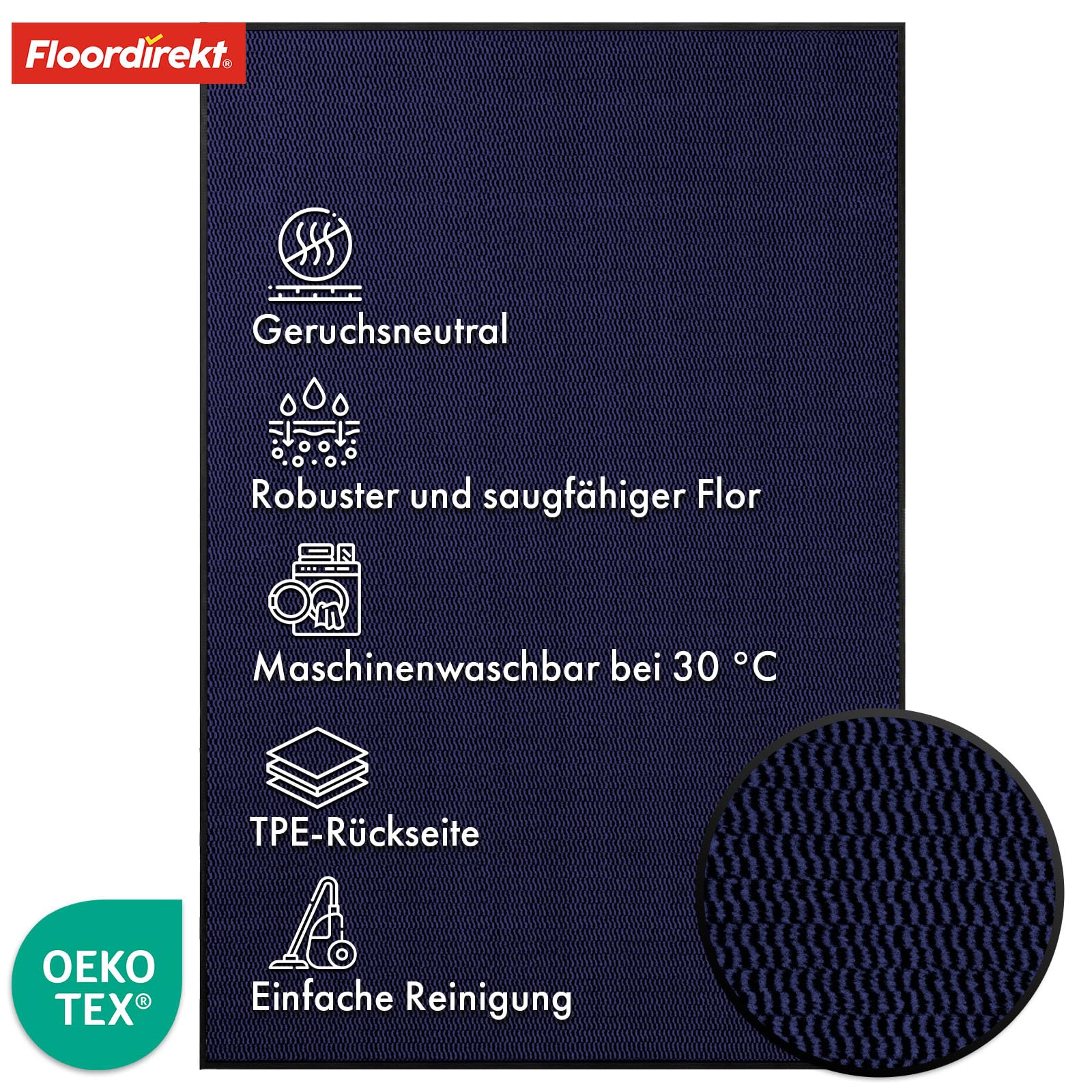 Floordirekt Premium Zerbino per ingresso, 80x120cm Blu, antiscivolo e lavabile, zerbino per interno ed esterno, Sky Novo
