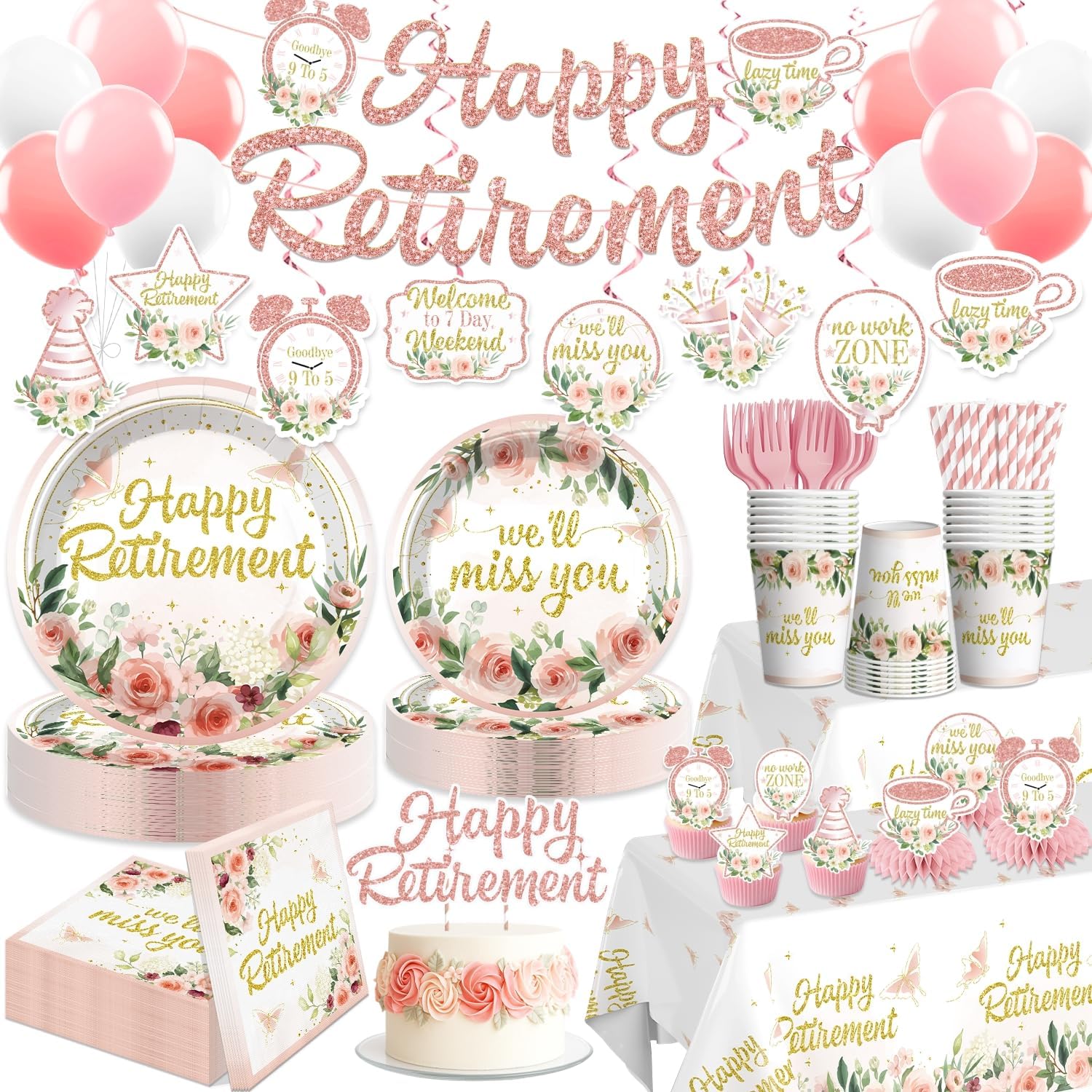 171pcs Floral Retirement Party Decorations Tableware Set, 20 Serves Disposable Rose and Gold Retirement Plates and Napkins Sets 2pcs Tablecloth, Pre-strung Banner for We Will Miss You Decorations