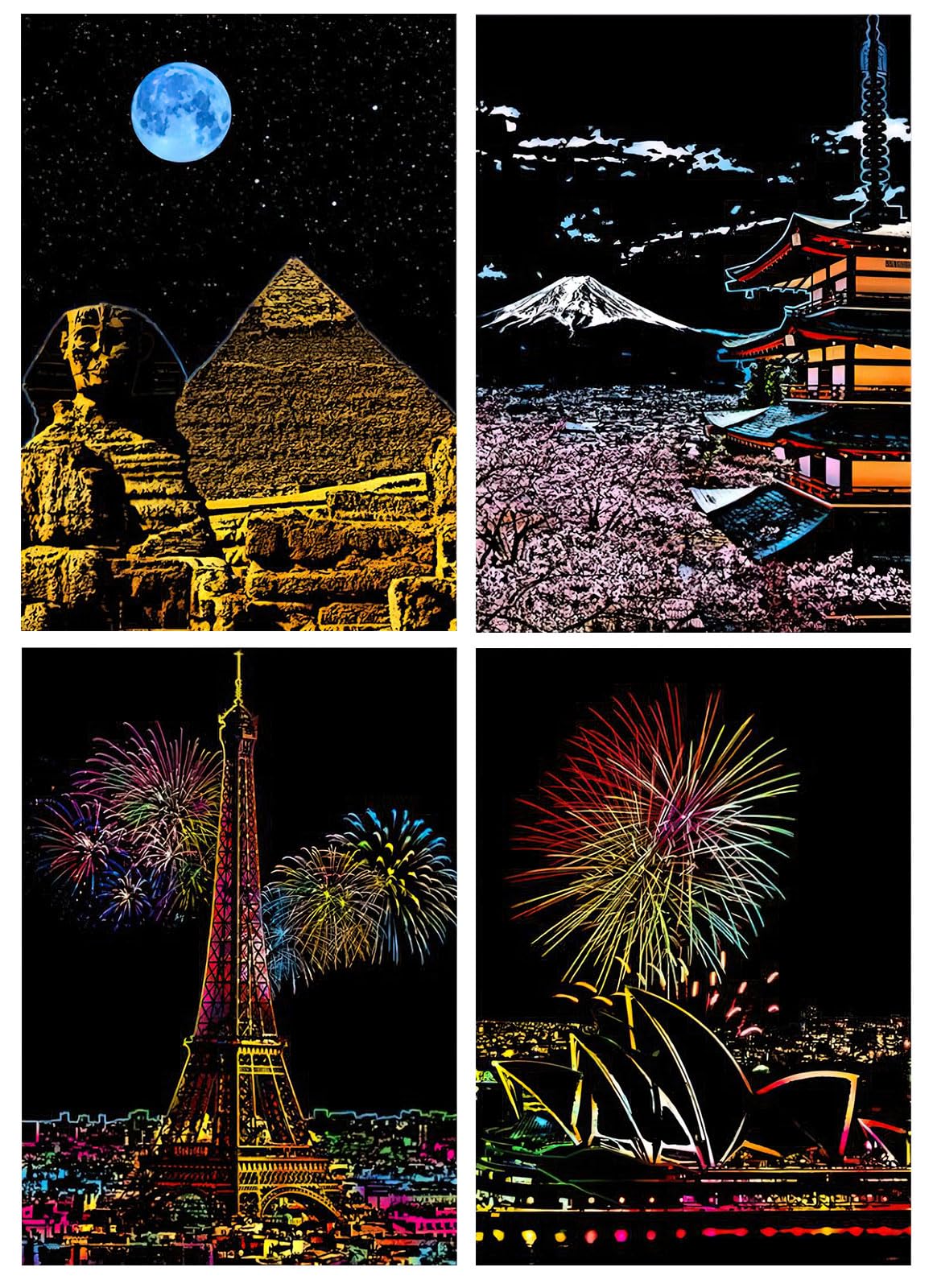 Rainbow Scratch Art Painting Paper for Adults & Teens,8 Sheets Scratch Cards City Night View Famous Buildings Scratchboard Set (Eiffel Tower,Pyramid,Sydney Opera House,Mount Fuji,Canton Tower)