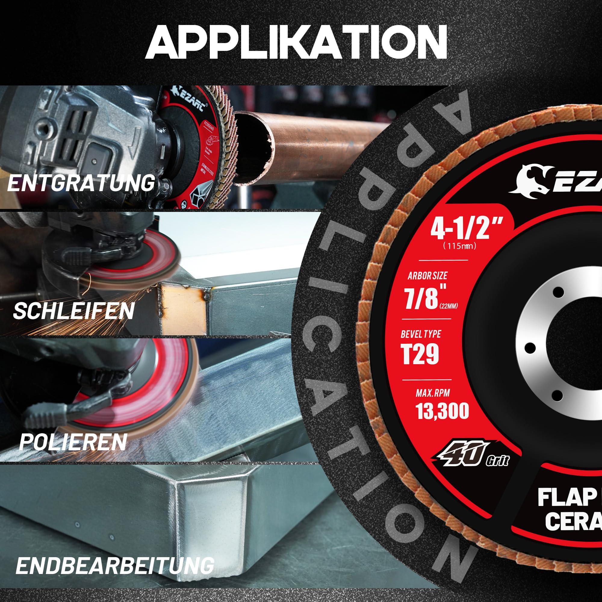 EZARC Fächerscheibe mit 40 Körnung, 115 mm Schleifscheibe, Typ 29 Keramik-Schleifrad für Edelstahl, nichteisenhaltige Metalle, Gusseisen und Bleche, 10 pack