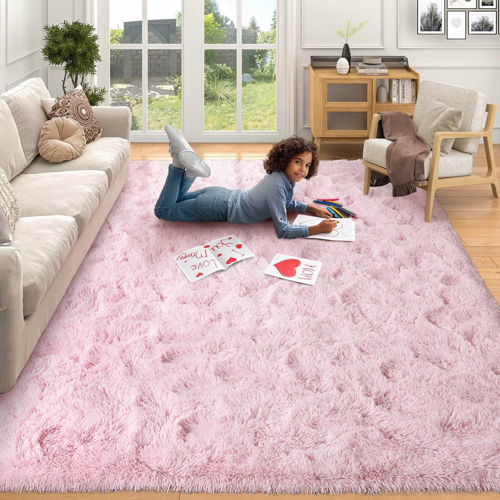 FinRèc 6x9 Feet Rugs for Bedroom Living Room, Pink Large Fluffy Shag Area Rug, Non-Slip Fuzzy Furry Rug for Kids Room Girl Dorm Room Home Decor,