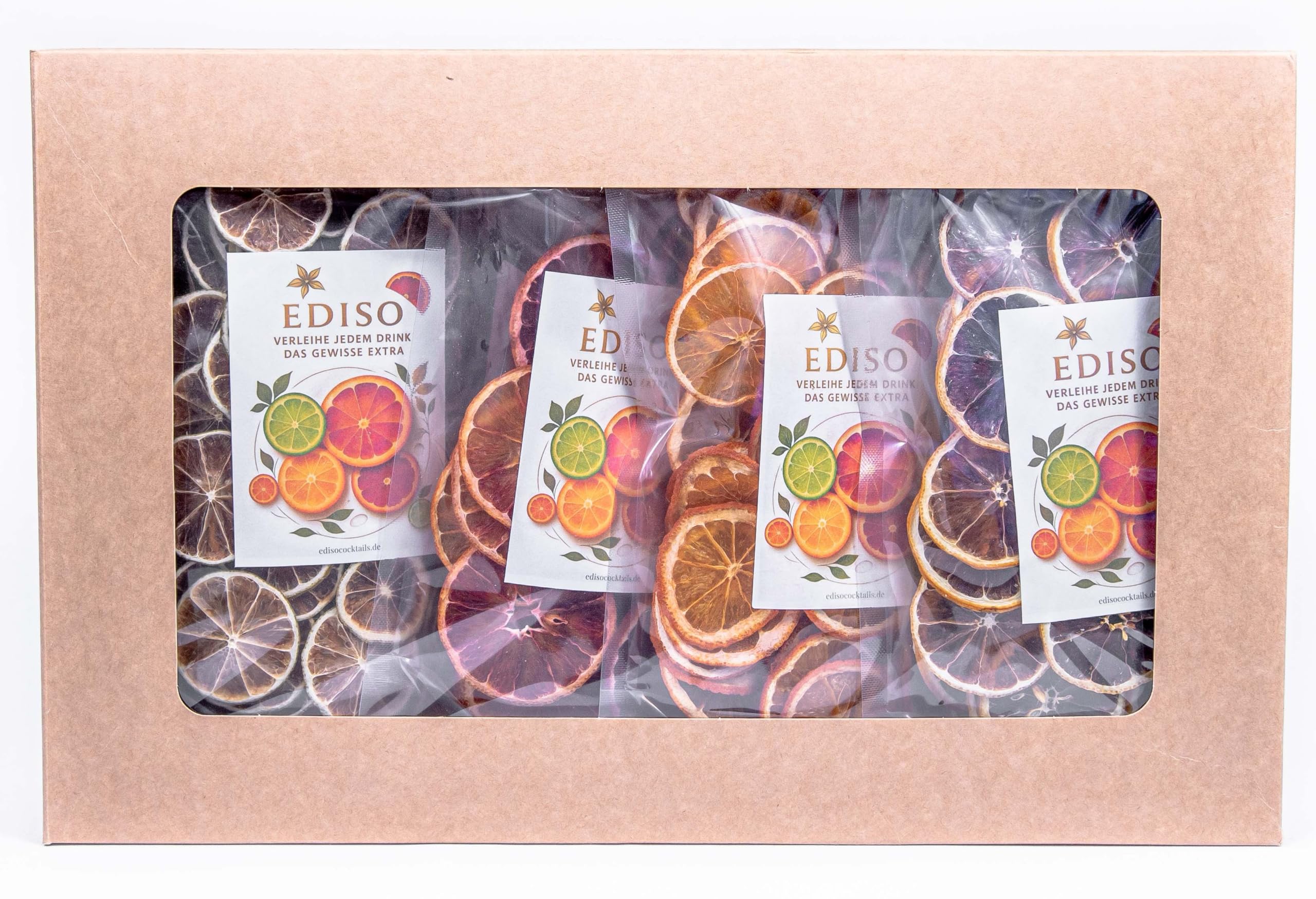 EDISO Cocktail Garnish Box 4x100g – Getrocknete Zitrusfrüchte mit Orange, Blutorange, Zitrone & Limette – Premium Cocktail Deko für Gin Tonic, Spritz, Cocktails & Bar Zubehör – 400g