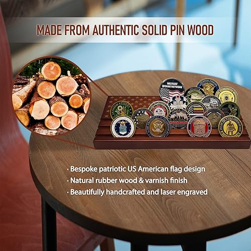 Miniatura 2 de Exhibición de monedas de madera del ejército coleccionable, titular de monedas de 6 filas de exhibición bandera americana