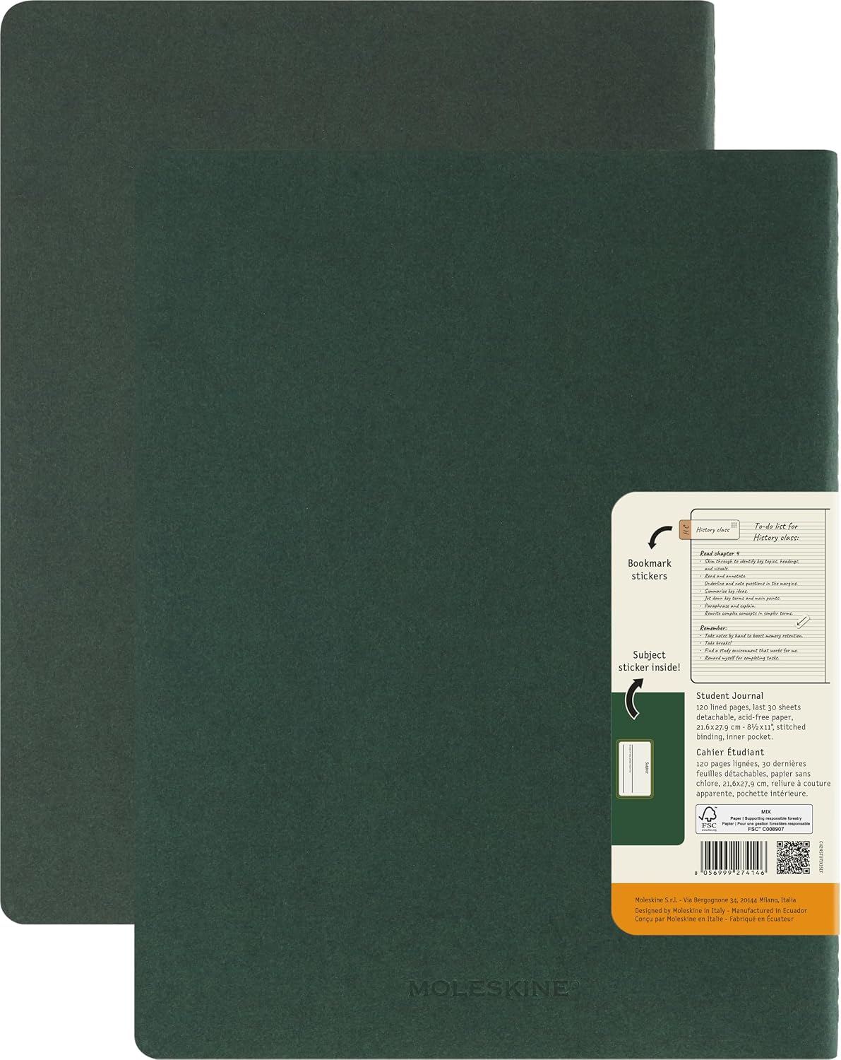 Moleskine Student Cahier Journal, Soft Cover, Ruled/Lined, XXL (8.5" x 11"), Myrtle Green, 120 Pages, Set of 2