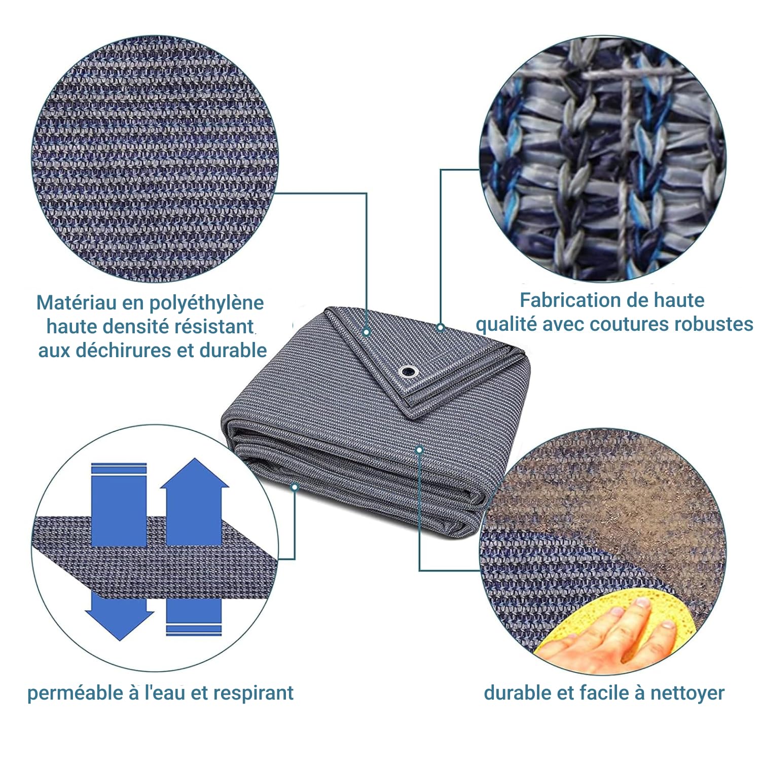 Tapis De Sol Extérieur Polyéthylène Bleu/Gris Œillets Acier Inoxydable Robuste Lavable Sac Transport 8 Piquets Niveau À Bulle