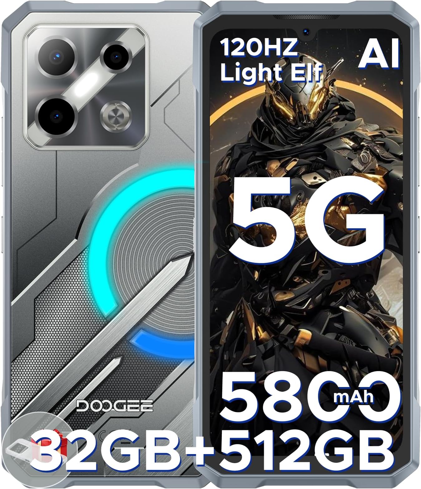 DOOGEE Blade GT Pro 5G Rugged Phone with LED Light Effect,32GB+512GB/2TB Rugged Smartphone,6.72” FHD+120Hz, 5800 mAh Android Phone,100MP+32MP AI Camera/Face& Finger ID/NFC,Sliver