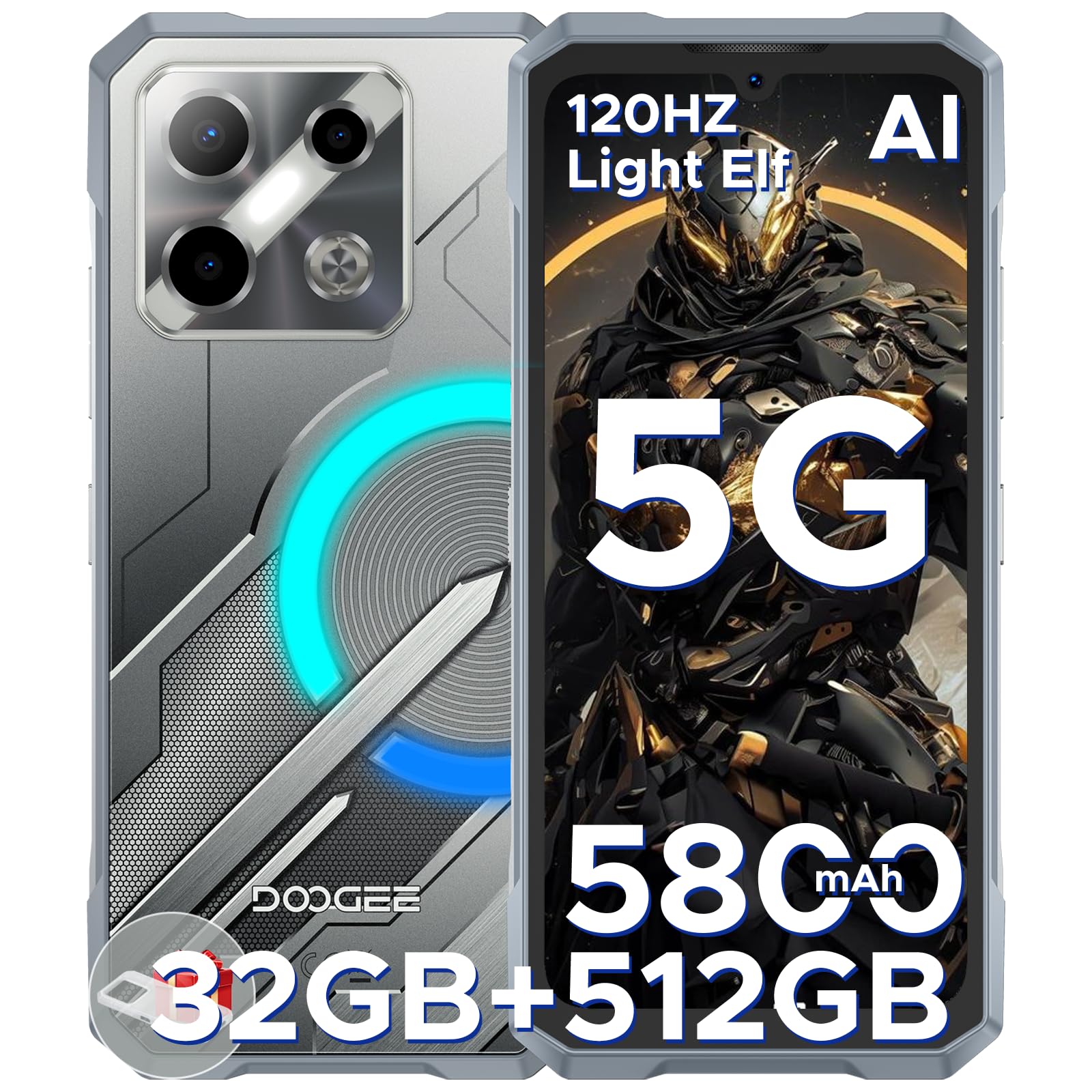 Blade GT Pro 5G Rugged Phone with LED Light Effect,32GB+512GB/2TB Rugged Smartphone,6.72” FHD+120Hz, 5800 mAh Android Phone,100MP+32MP AI Camera/Face& Finger ID/NFC,Sliver