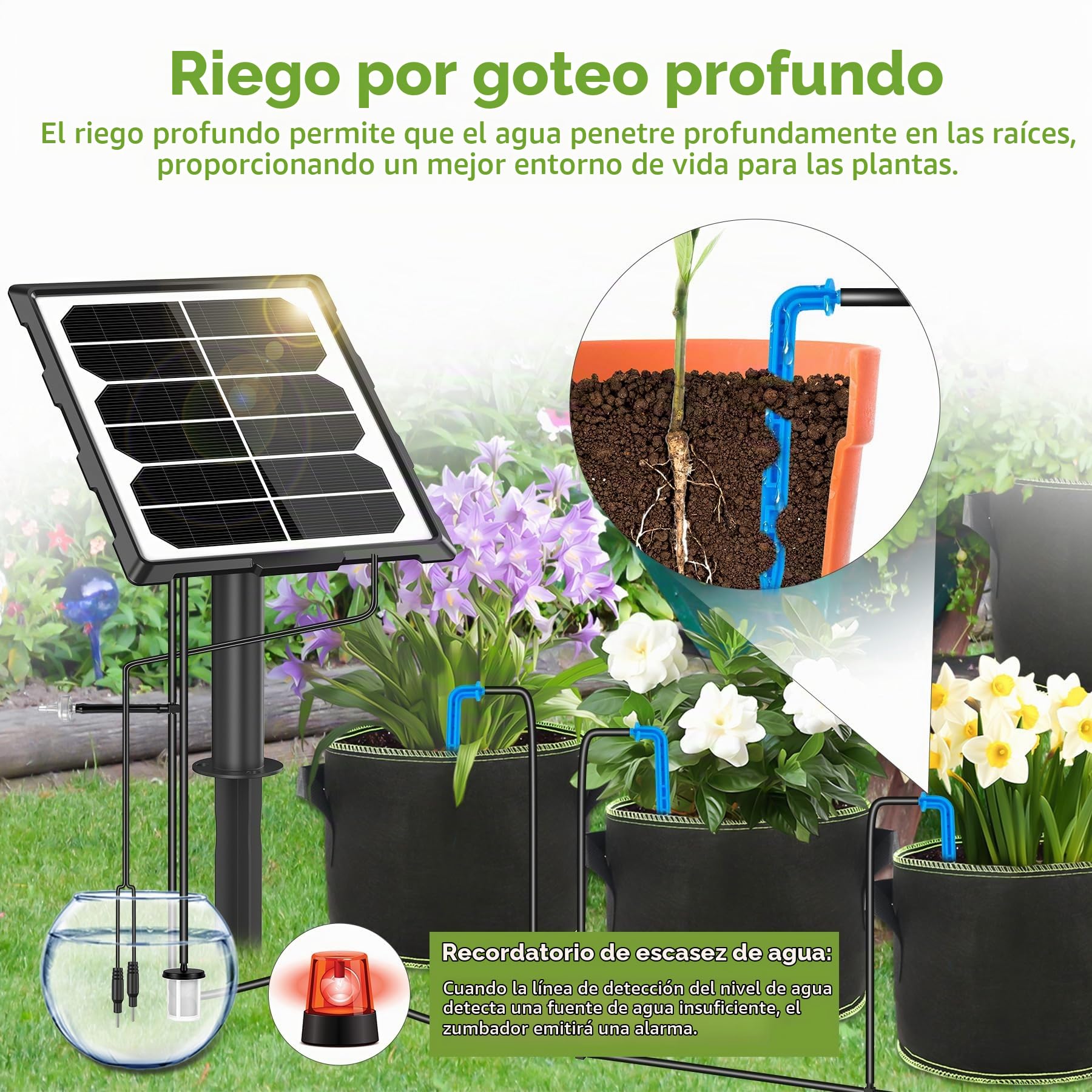 Forever Speed Sistema de Riego Automático Solar 6 Modos con sensor de Agua, Kit de Sistema de Riego por Goteo Automátic con Manguera de 15 M para Jardín, Balcón