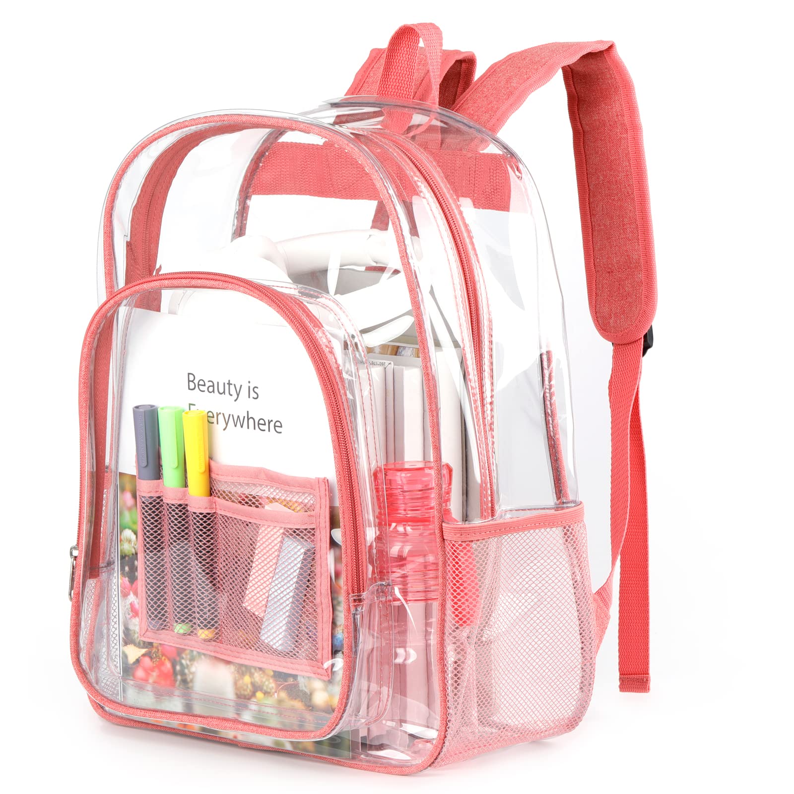 Keepcross Large Clear Backpack for School - Heavy Duty PVC Transparent See Through Bookbag for Girls, Pink