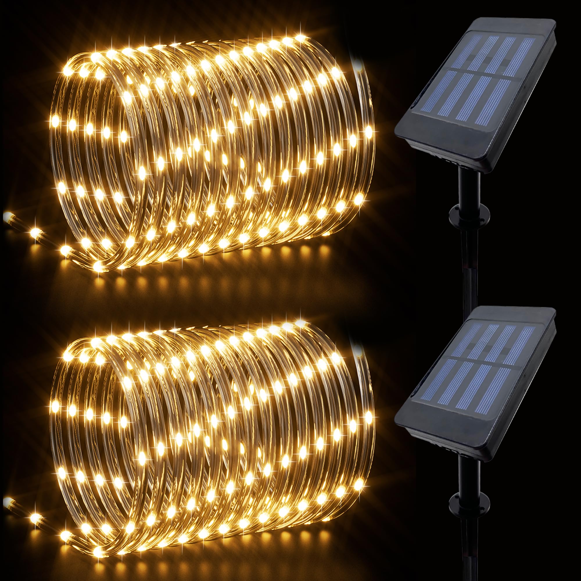 IJG Christmas 2 Pack Solar Rope Lights Outdoor Waterproof,Each 33ft 100 LED 8 Modes and Timer Clear Tube String Lights for Outside(White)