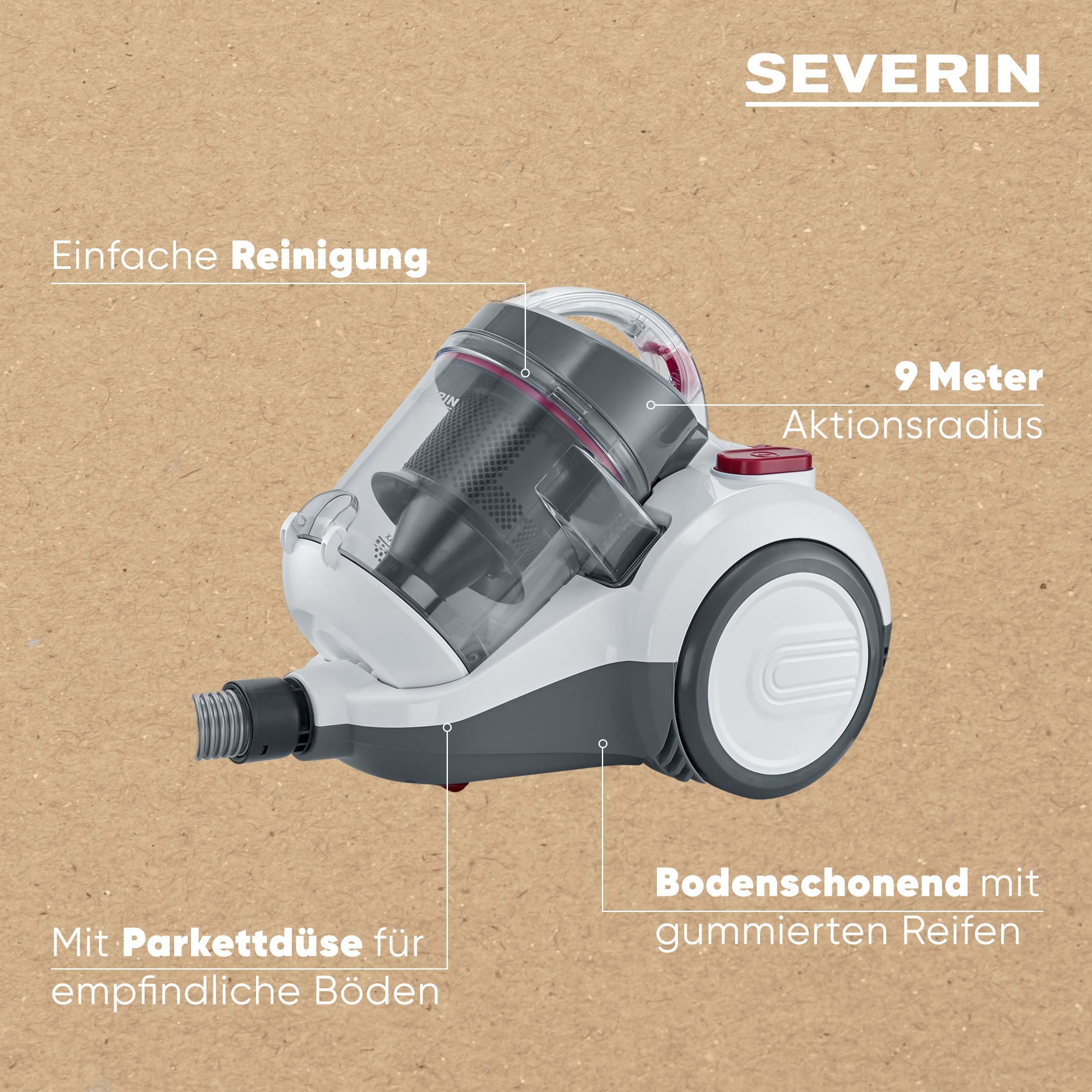 Severin Beutelloser Zyklon-Staubsauger, Bodenstaubsauger für konstante Saugkraft, Staubsauger ohne Beutel, 800 W, 9 m Aktionsradius, 79 dB, 2,1 L Volumen, weiß-rot-anthrazit, CY 7088
