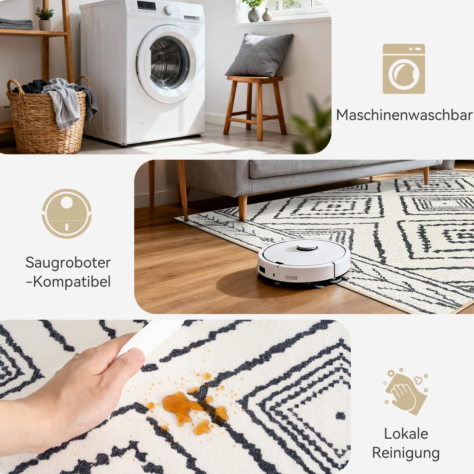 Teppich Läufer Flur 60 x 300 cm, rutschfest Küchenläufer, Kurzflor Teppichläufer, Waschbar, Faltbar, Boho Design – für Flur, Küche, Wohnzimmer & Büro, Schwarz-Weiß