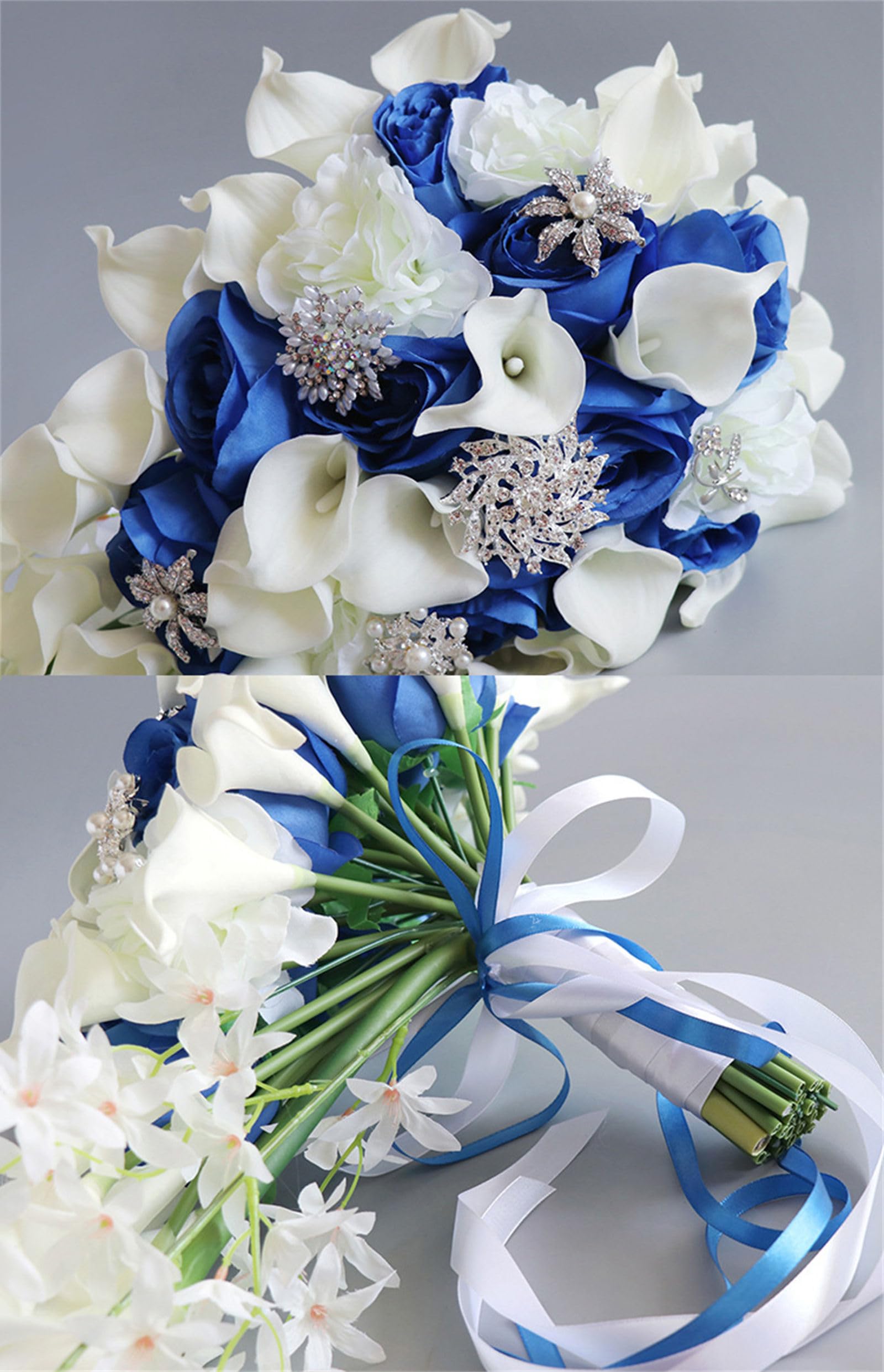 Hochzeitsstrauß, Brautstrauß, 25,9 cm künstlicher weißer Calla-Lilien-Brautstrauß mit Kristallornamenten, kaskadenförmiger Strauß für kirchliche Hochzeiten (rot) (blau)