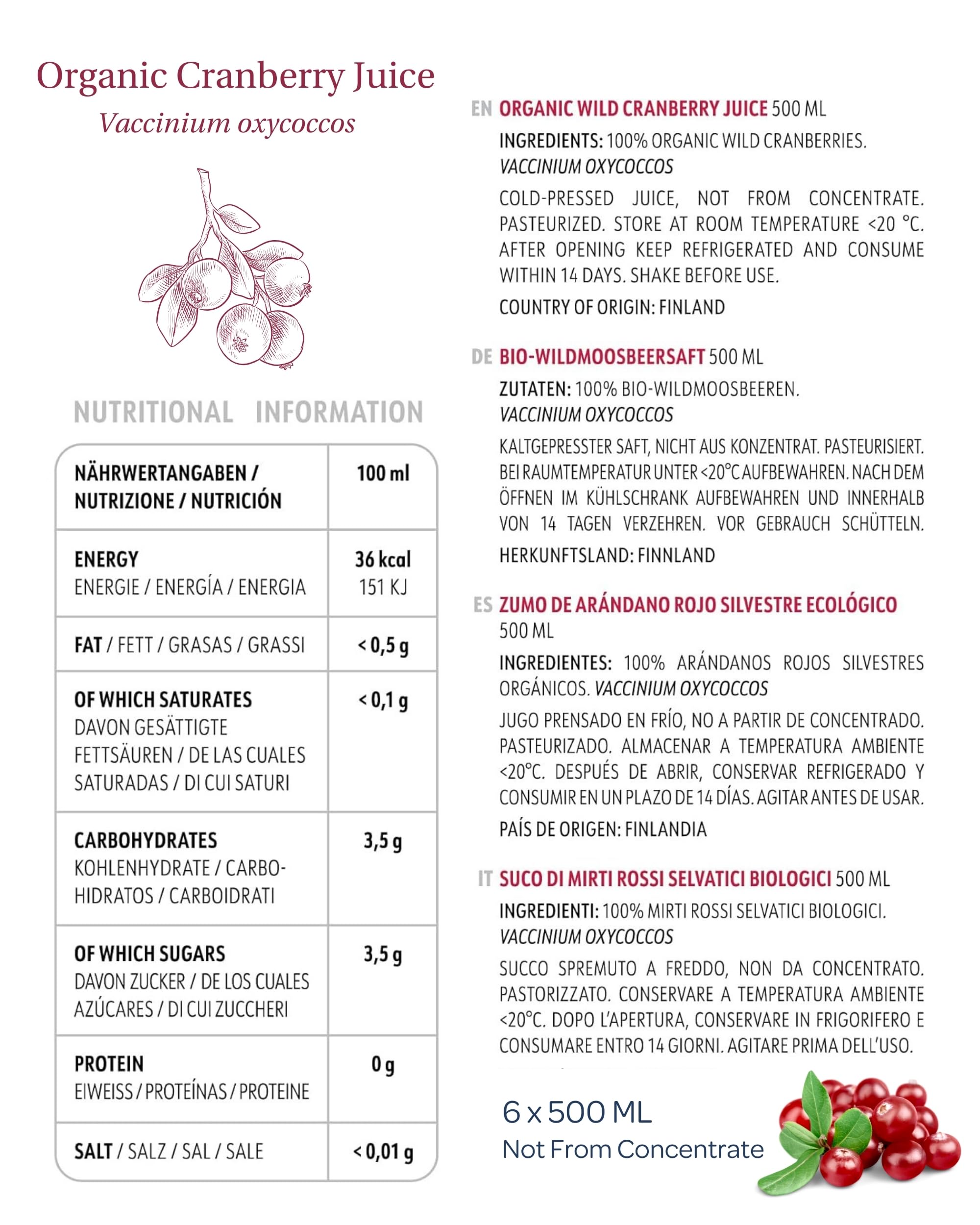 LOOV Bio Wildcranberry-Saft, 100% Direktsaft aus frischen Bio-Cranberries, Muttersaft, ohne Zuckerzusatz, ohne Wasserzusatz, wild gewachsen, in Glasflaschen, 6x500 ml