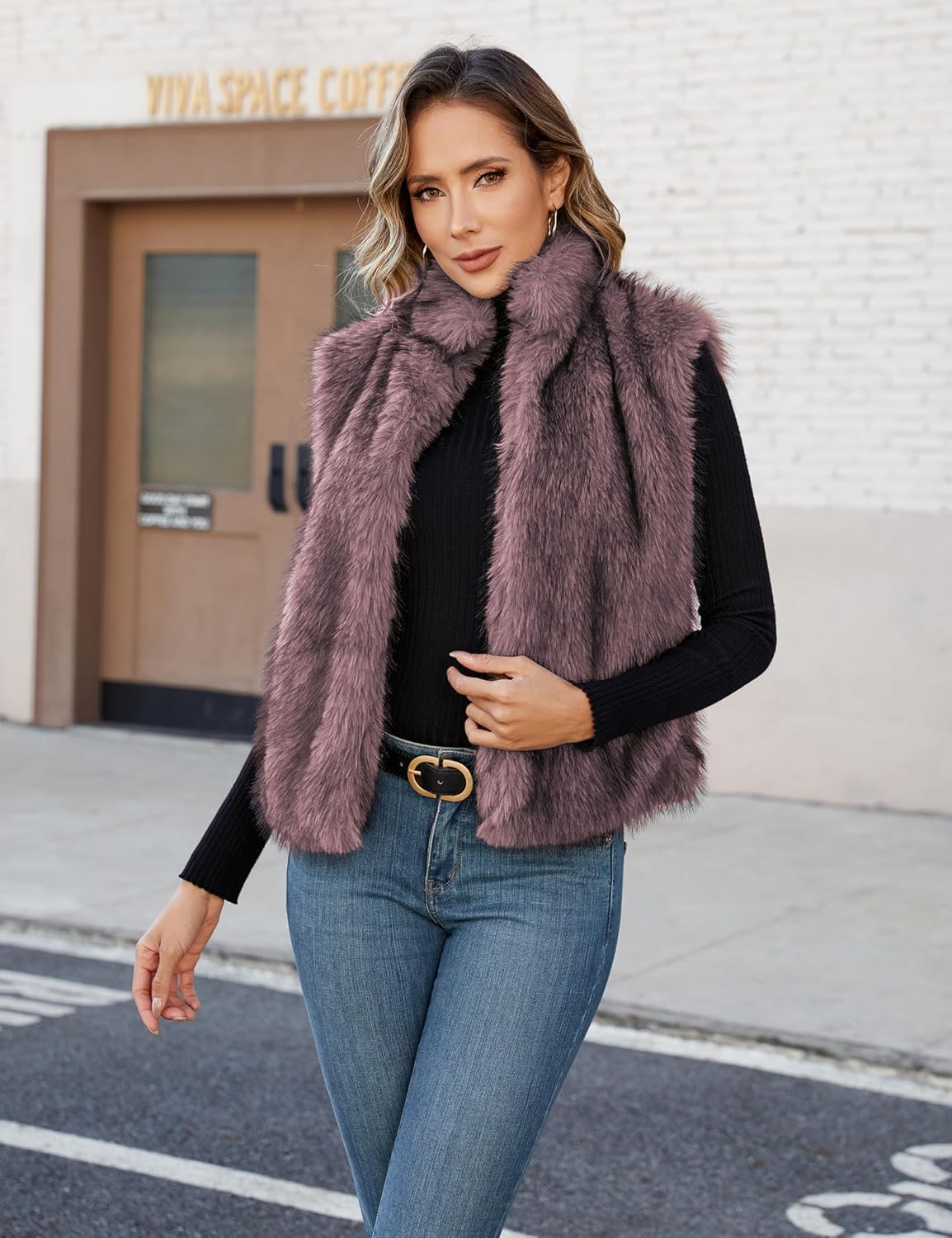Womens Faux Fur Vest Stand Collar Sleeveless Open Front Cardigan Top Fuzzy Coats Jacket Fluffy Outwear with Pockets - Image 2