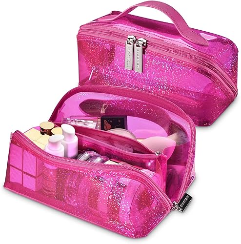 Miniatura 2 de BYOOTIQUE Bolsa de maquillaje portátil con cremallera, resistente al agua, organizador de PVC abierto plano con asabolsillo divisor, bolsa