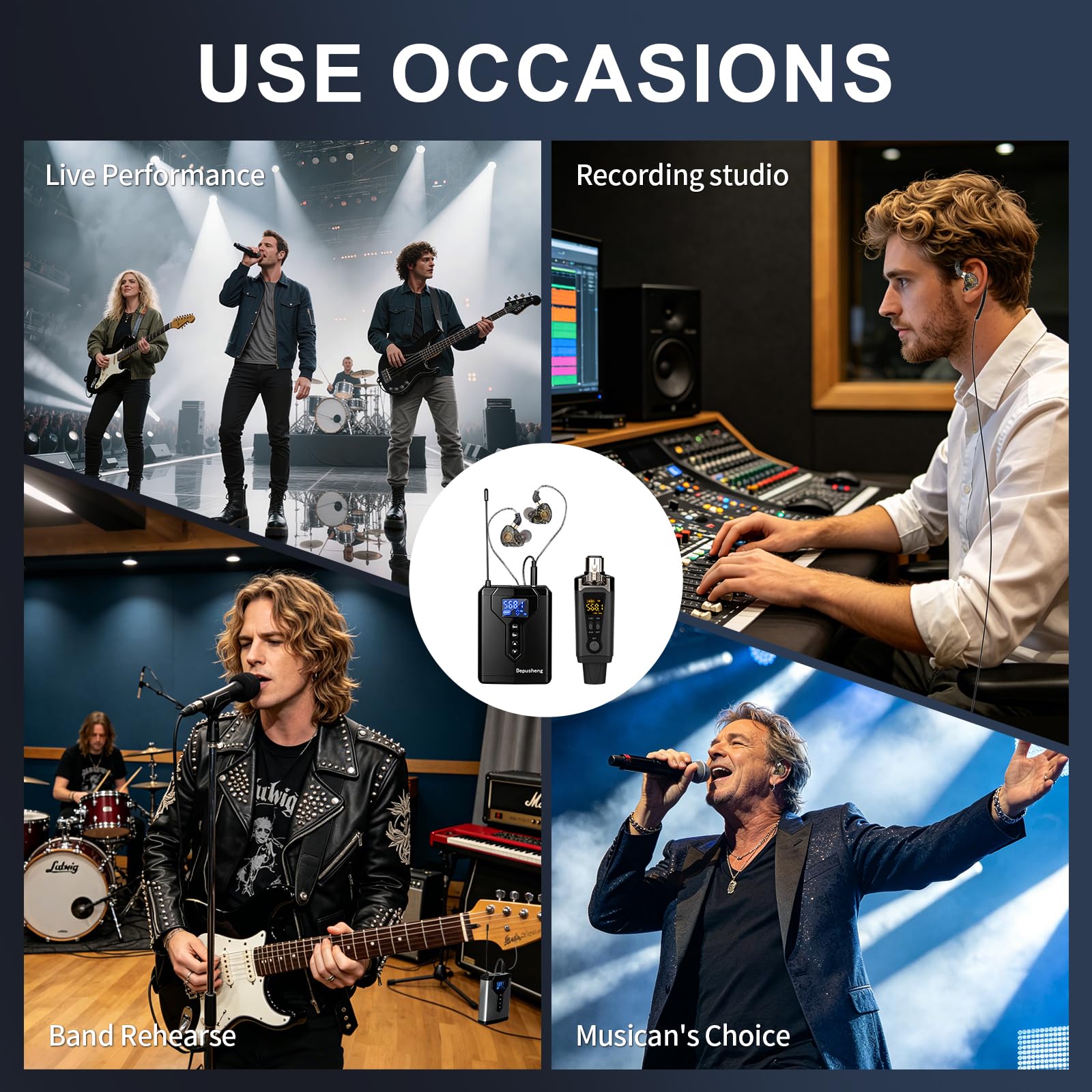 Depusheng MA5 Drahtloses In-Ear-Monitorsystem mit Sender und Empfängerclip, automatischer Kopplung, In-Ear-Monitoring für Studio, Gitarre, DJ und Live-Auftritte (1 Receiver + 1 Transmitter)